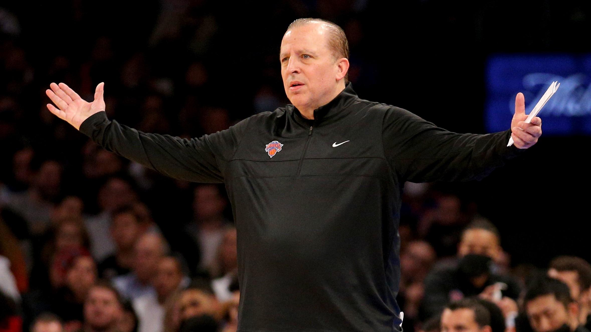 Nov 1, 2021; New York, New York, USA; New York Knicks head coach Tom Thibodeau reacts as he coaches against the Toronto Raptors during the first quarter at Madison Square Garden. / Brad Penner-USA TODAY Sports