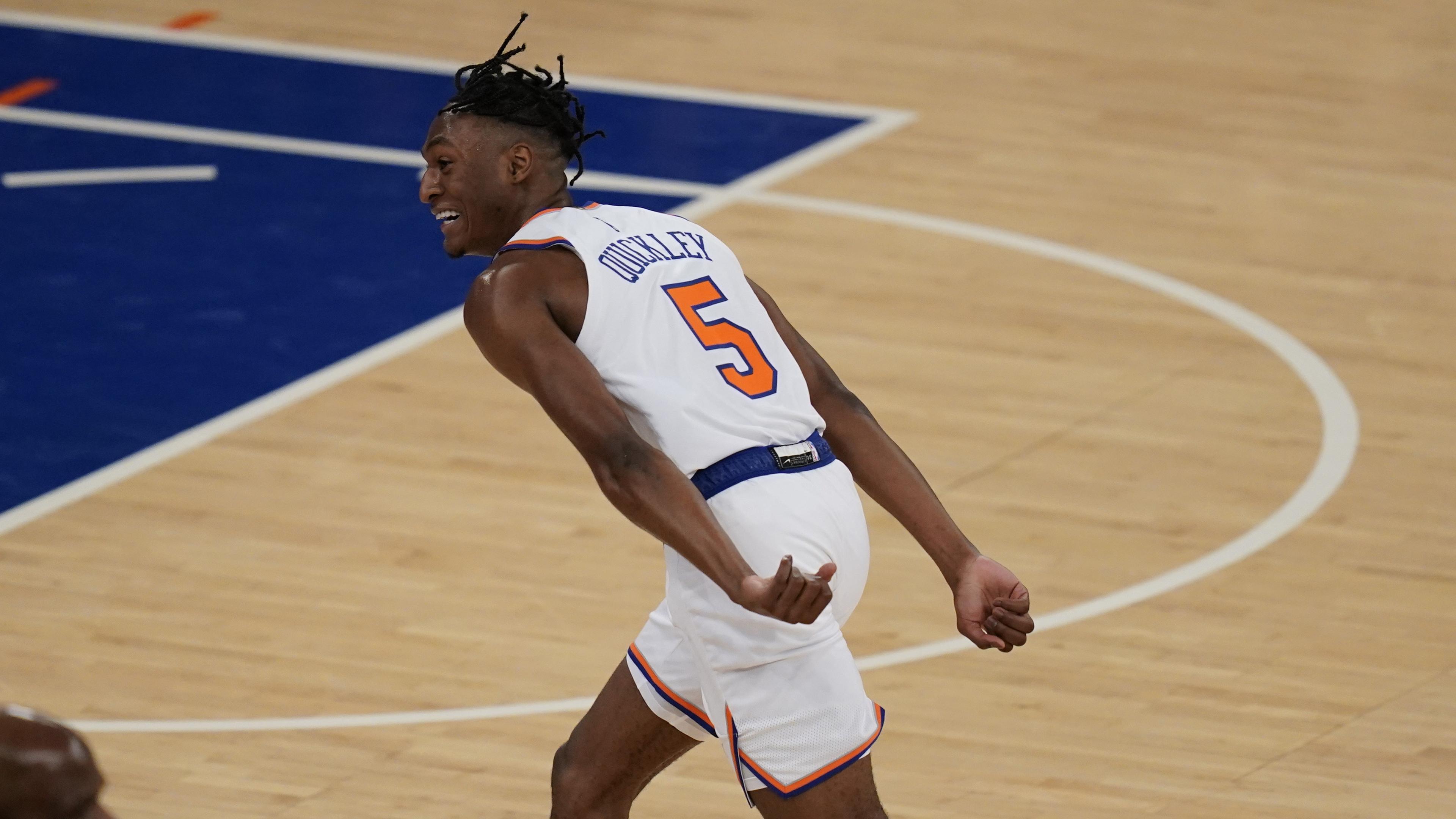 May 23, 2021; New York, New York, USA; New York Knicks guard Immanuel Quickley (5) celebrates a three-point basket during the first half in game one in the first round of the 2021 NBA Playoffs at Madison Square Garden / © Pool Photo-USA TODAY Sports