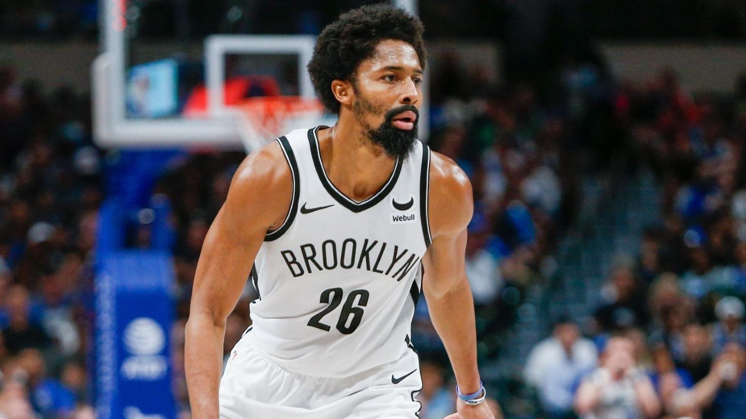 Oct 27, 2023; Dallas, Texas, USA; Brooklyn Nets guard Spencer Dinwiddie (26) handles the ball during the fourth quarter against the Dallas Mavericks at American Airlines Center. / Andrew Dieb-USA TODAY Sports