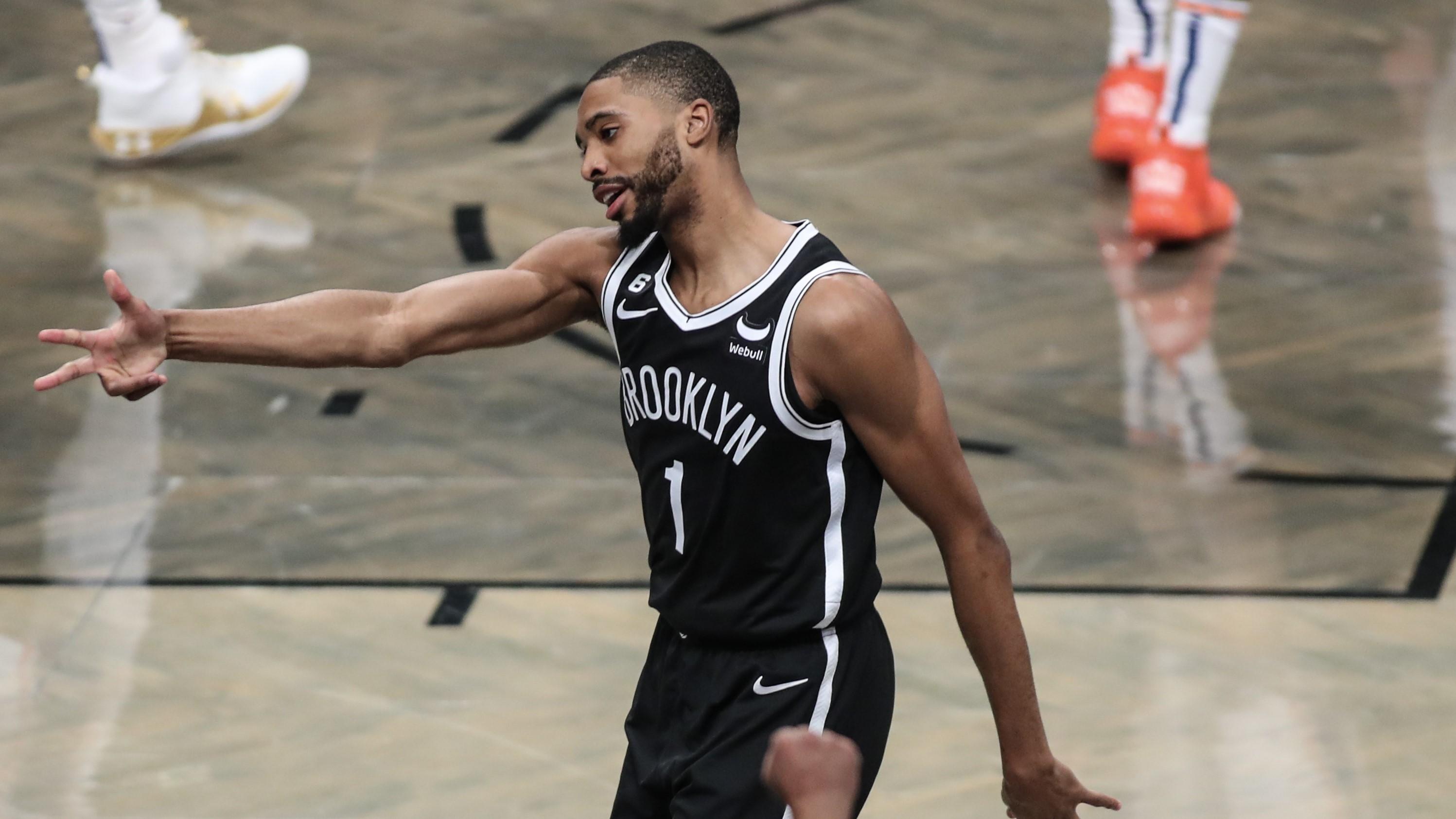 Apr 20, 2023; Brooklyn, New York, USA; Brooklyn Nets forward Mikal Bridges (1) celebrates after scoring during game three of the 2023 NBA playoffs against the Philadelphia 76ers at Barclays Center. Mandatory Credit: Wendell Cruz-USA TODAY Sports / © Wendell Cruz-USA TODAY Sports