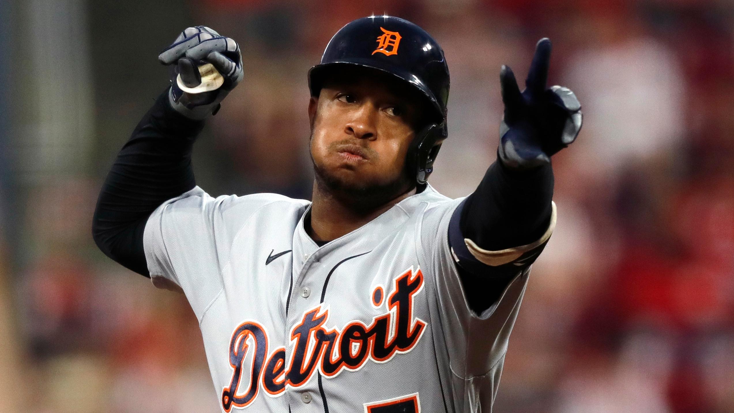 Sep 3, 2021; Cincinnati, Ohio, USA; Detroit Tigers second baseman Jonathan Schoop (7) reacts as he runs the bases after hitting a solo home run against the Cincinnati Reds during the third inning at Great American Ball Park. / David Kohl-USA TODAY Sports
