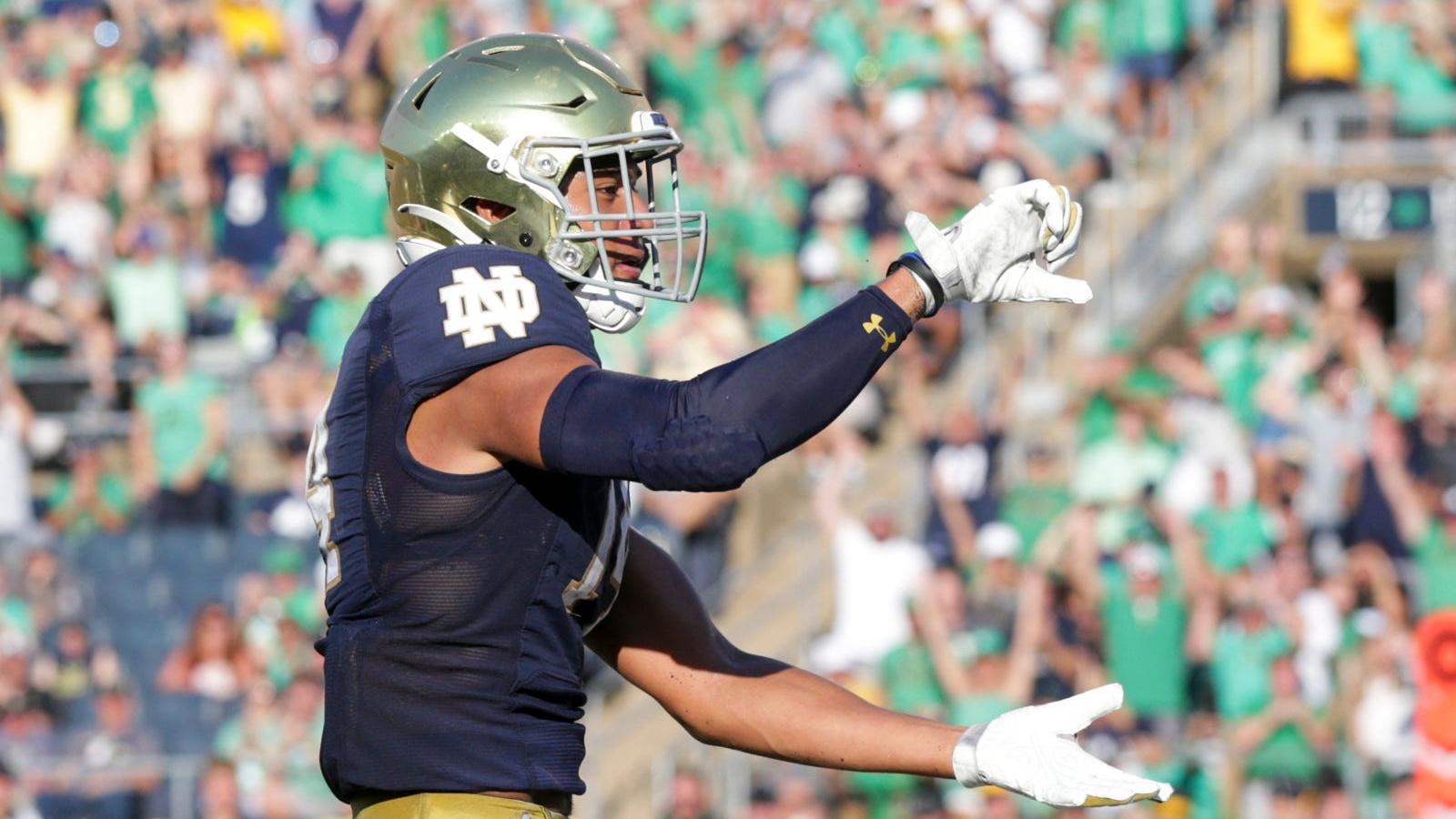 Notre Dame safety Kyle Hamilton (14) celebrates an interception during the fourth quarter of an NCAA football game, Saturday, Sept. 18, 2021 at Notre Dame Stadium in South Bend. Cfb Notre Dame Vs Purdue / © Nikos Frazier / Journal & Courier via Imagn Content Services, LLC