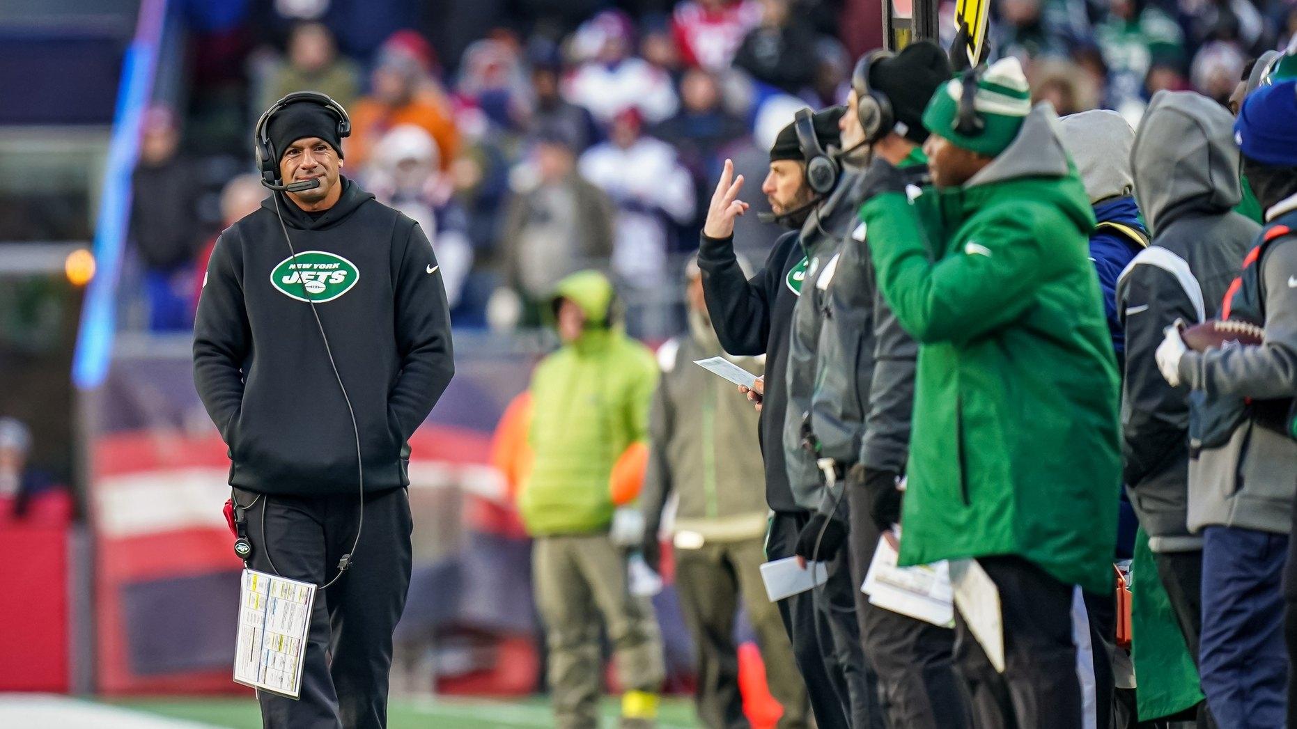 New York Jets head coach Robert Saleh watches from the sideline as the take on the New England Patriots at Gillette Stadium / David Butler II-USA TODAY Sports