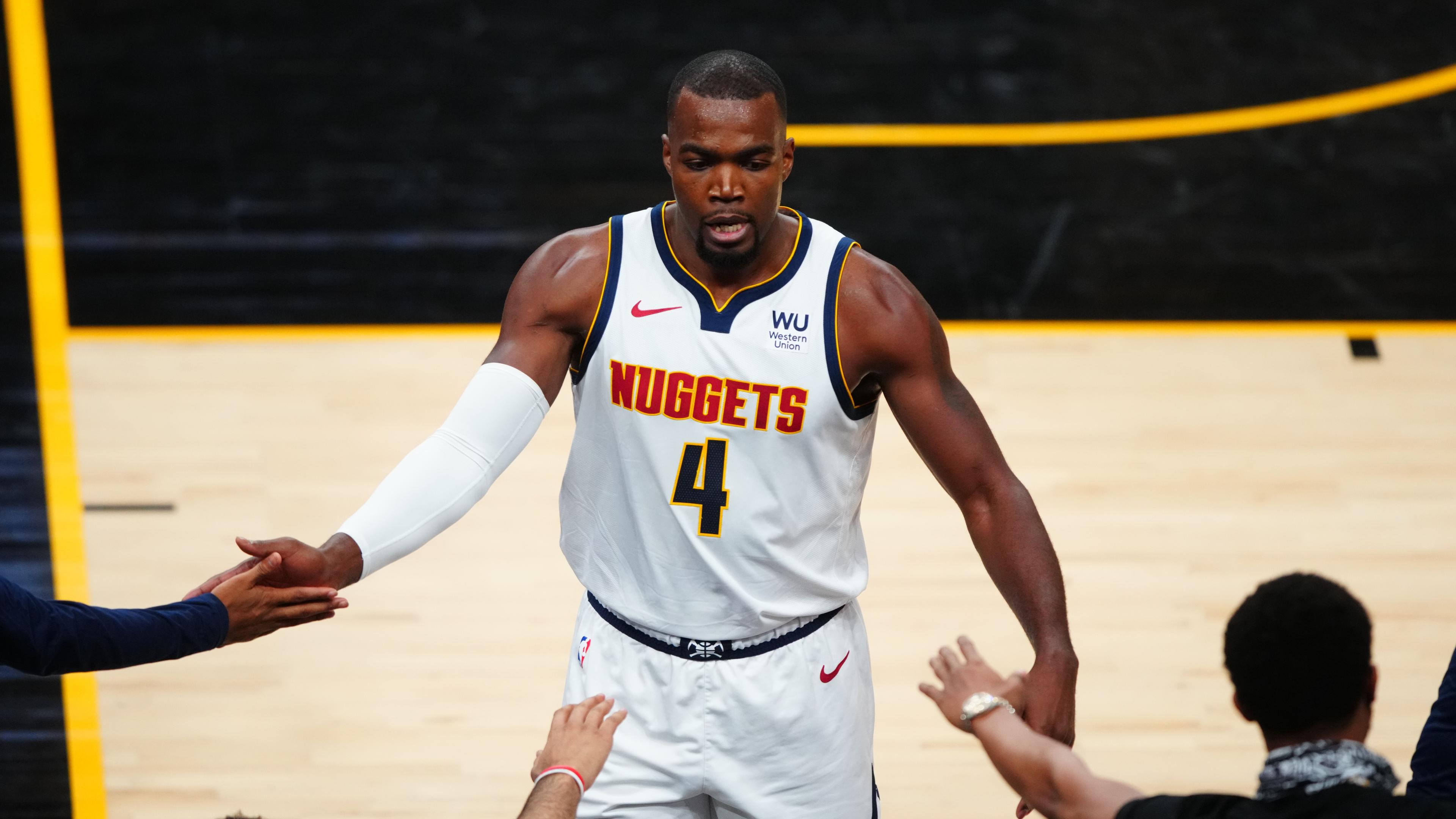 Jun 7, 2021; Phoenix, Arizona, USA; Denver Nuggets forward Paul Millsap (4) against the Phoenix Suns during game one in the second round of the 2021 NBA Playoffs at Phoenix Suns Arena. Mandatory Credit: Mark J. Rebilas-USA TODAY Sports / Mark J. Rebilas-USA TODAY Sports