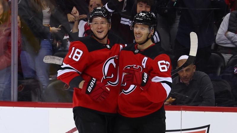 New Jersey Devils left wing Jesper Bratt (63) celebrates his goal against the Colorado Avalanche during the second period at Prudential Center. / Ed Mulholland-USA TODAY Sports