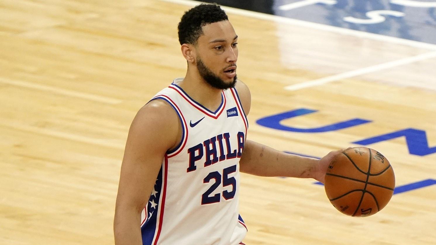 May 3, 2021; Chicago, Illinois, USA; Philadelphia 76ers guard Ben Simmons (25) dribbles the ball against the Chicago Bulls during the second half at the United Center. / Mike Dinovo-USA TODAY Sports