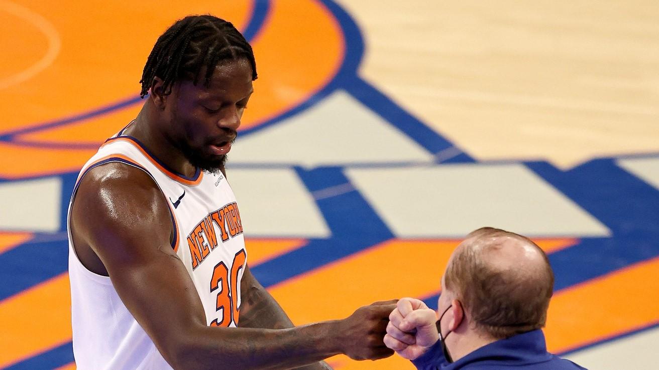May 15, 2021; New York, New York, USA; Julius Randle #30 of the New York Knicks celebrates the win with head coach Tom Thibodeau after the win over the Charlotte Hornets at Madison Square Garden / Pool Photo-USA TODAY Sports