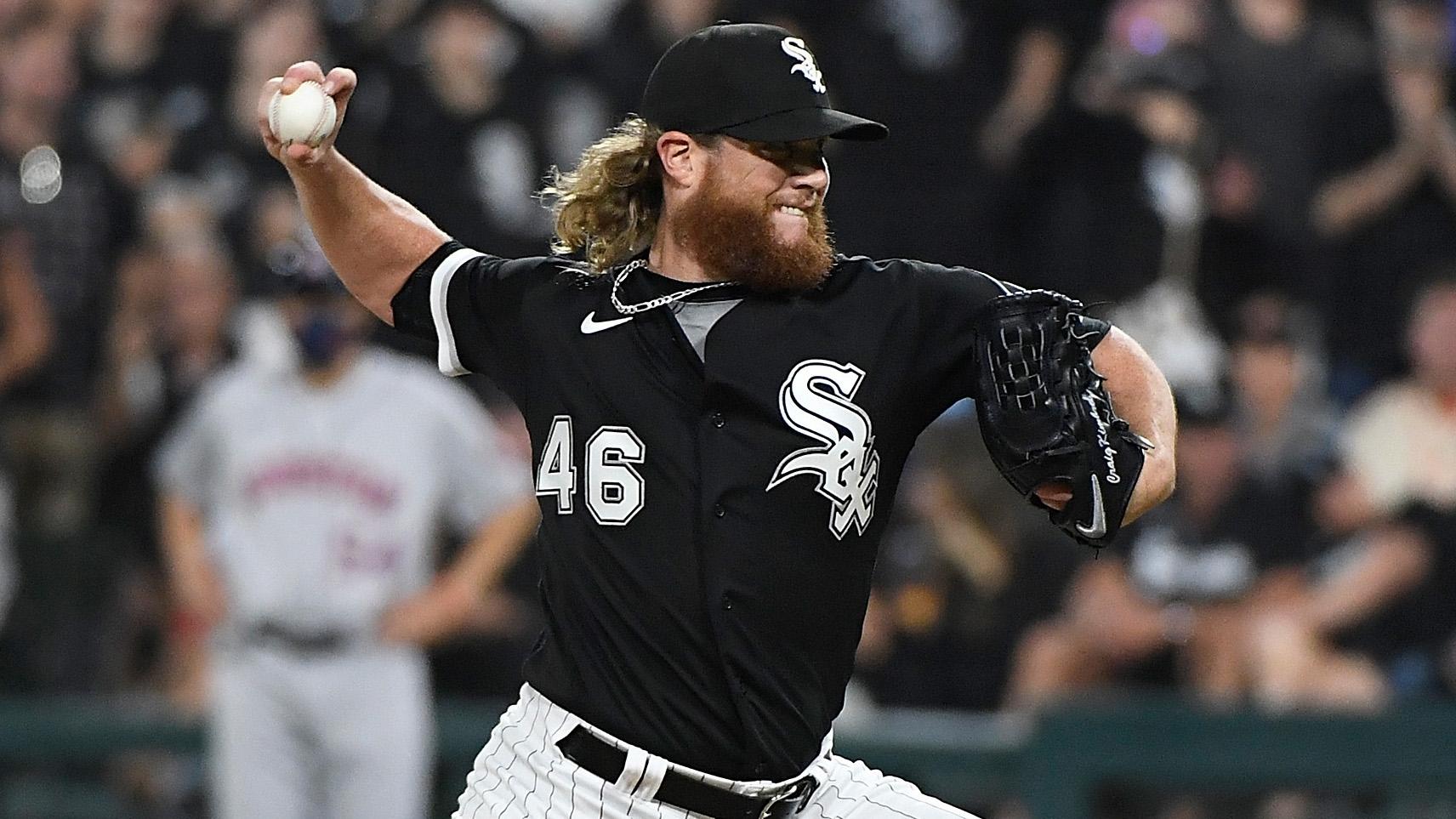 Oct 10, 2021; Chicago, Illinois, USA; Chicago White Sox relief pitcher Craig Kimbrel (46) pitches against the Houston Astros during the eighth inning in game three of the 2021 ALDS at Guaranteed Rate Field. / Matt Marton-USA TODAY Sports
