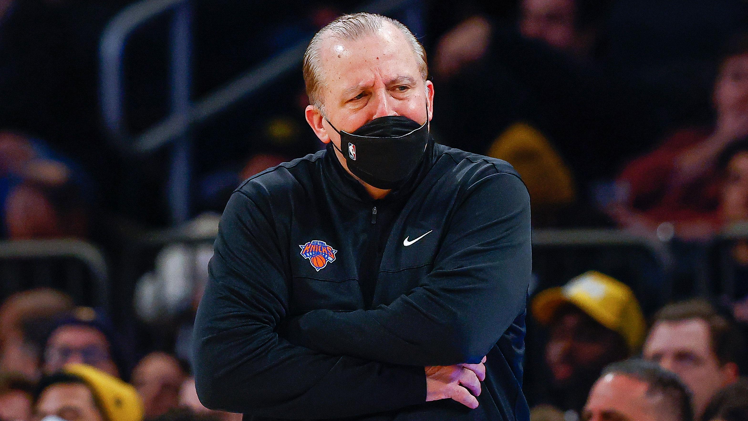 Jan 10, 2022; New York, New York, USA; New York Knicks head coach Tom Thibodeau looks on against the San Antonio Spurs during the second half at Madison Square Garden. / Vincent Carchietta-USA TODAY Sports