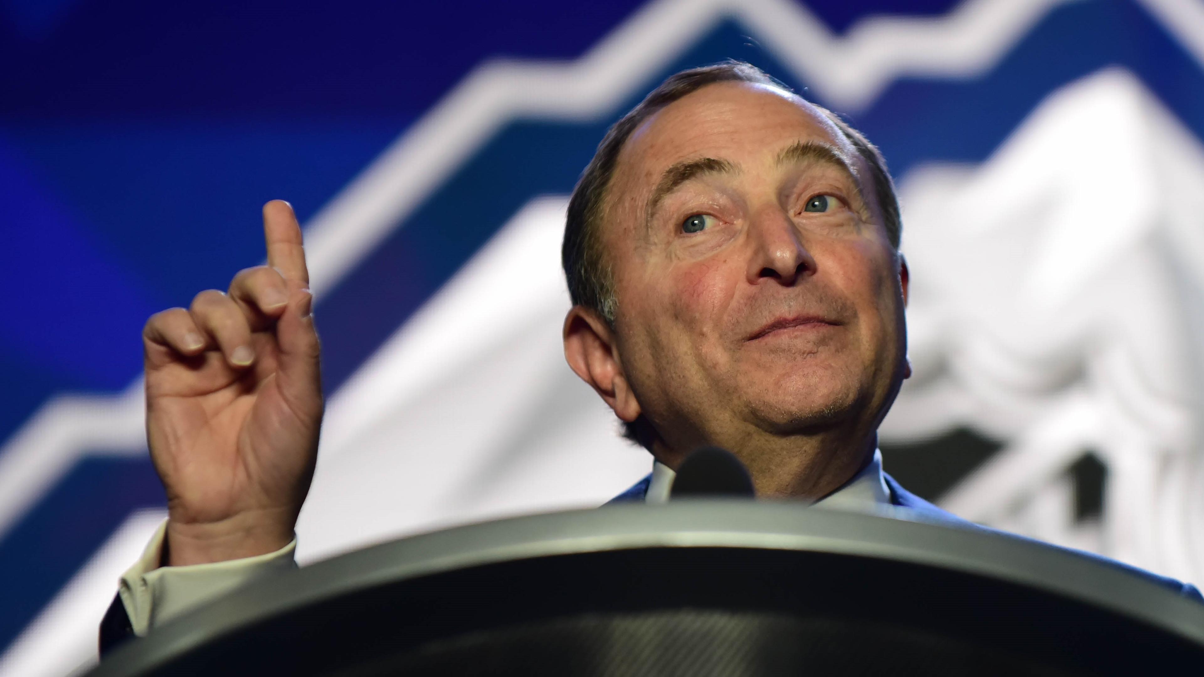 Jun 21, 2019; Vancouver, BC, Canada; NHL commissioner Gary Bettman speaks before the first round of the 2019 NHL Draft at Rogers Arena. Mandatory Credit: Anne-Marie Sorvin-USA TODAY Sports / © Anne-Marie Sorvin-USA TODAY Sports