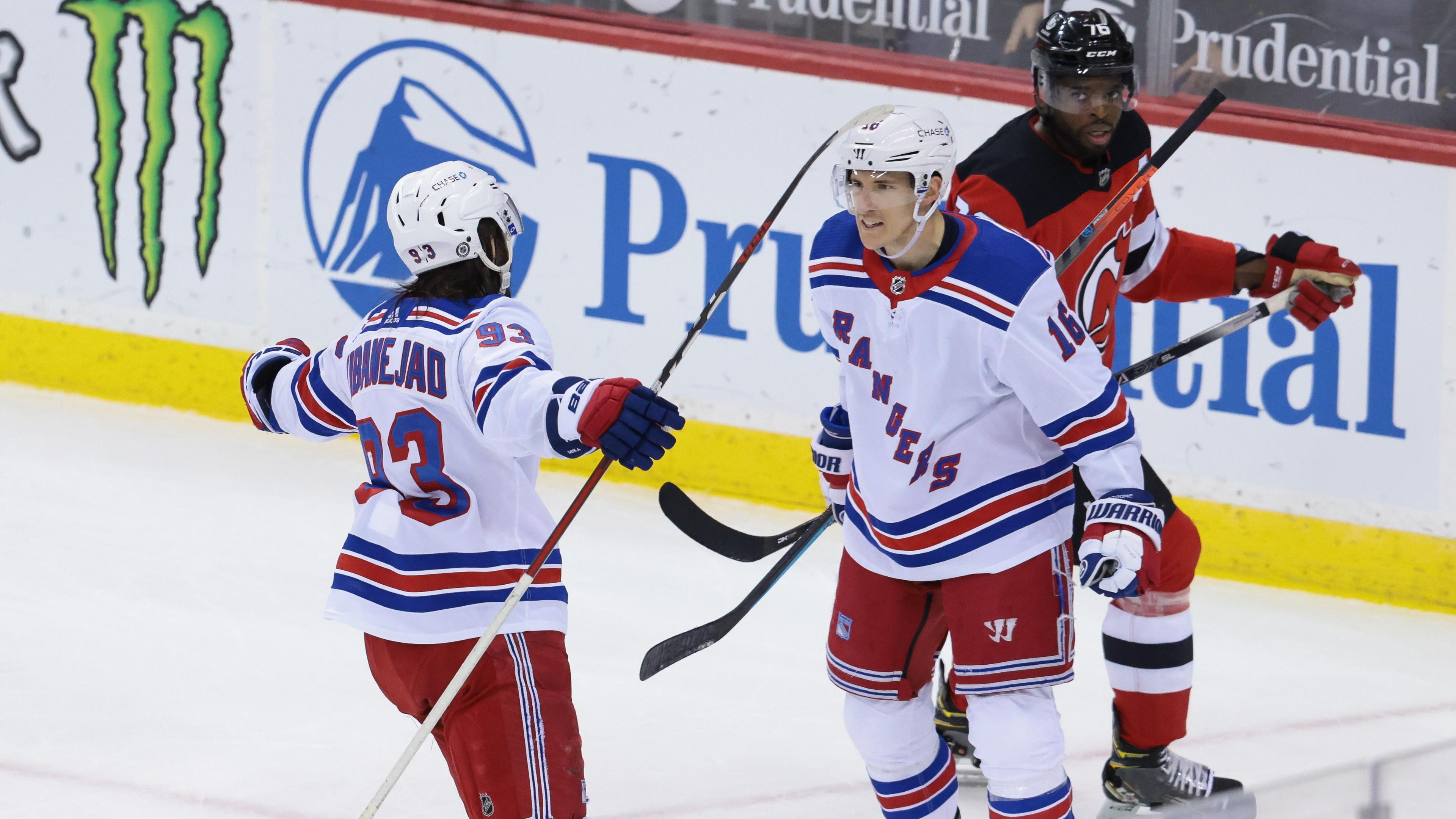 Apr 18, 2021; Newark, New Jersey, USA; New York Rangers center Ryan Strome (16) celebrates his goal with center Mika Zibanejad (93) in front of New Jersey Devils defenseman P.K. Subban (76) during the third period at Prudential Center. / © Vincent Carchietta-USA TODAY Sports