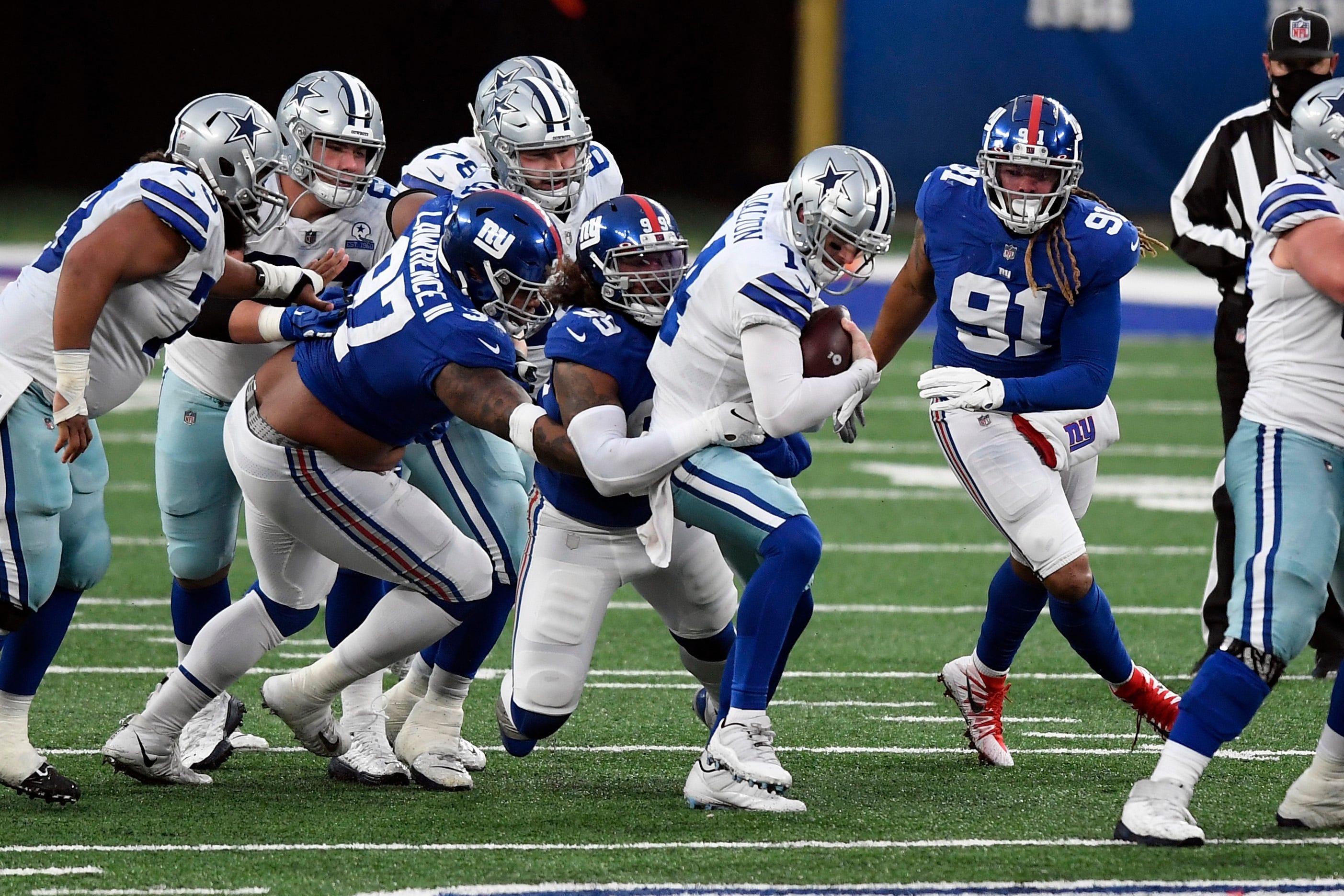 New York Giants defensive end Leonard Williams (99) sacks Dallas Cowboys quarterback Andy Dalton (14) in the second half. The Giants defeat the Cowboys, 23-19, at MetLife Stadium on Sunday, January 3, 2021, in East Rutherford. / Danielle Parhizkaran/NorthJersey.com via Imagn Content Services, LLC
