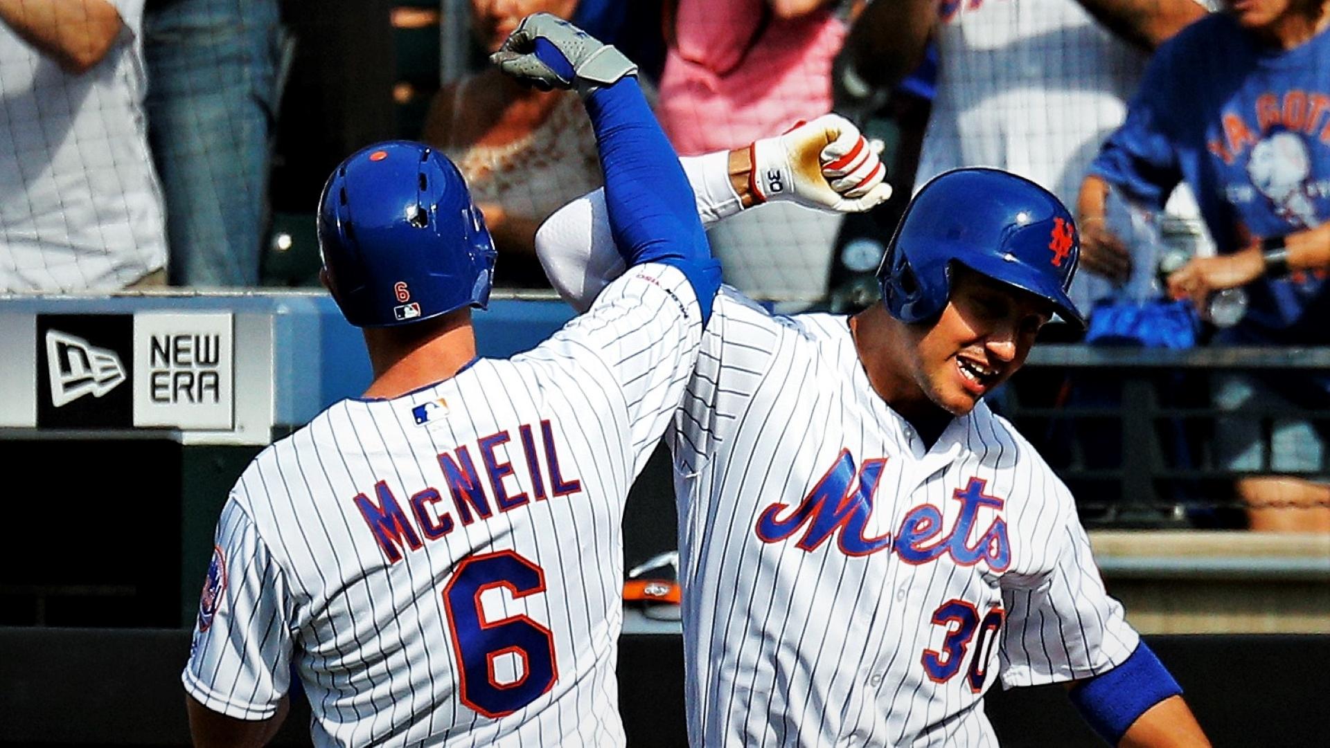 Aug 5, 2019; New York City, NY, USA; New York Mets second baseman Jeff McNeil (6) is congratulated by right fielder Michael Conforto (30) after hitting a solo home run against the Miami Marlins during the first inning of game one of a doubleheader at CitiField. Mandatory Credit: Andy Marlin-USA TODAY Sports / © Andy Marlin-USA TODAY Sports