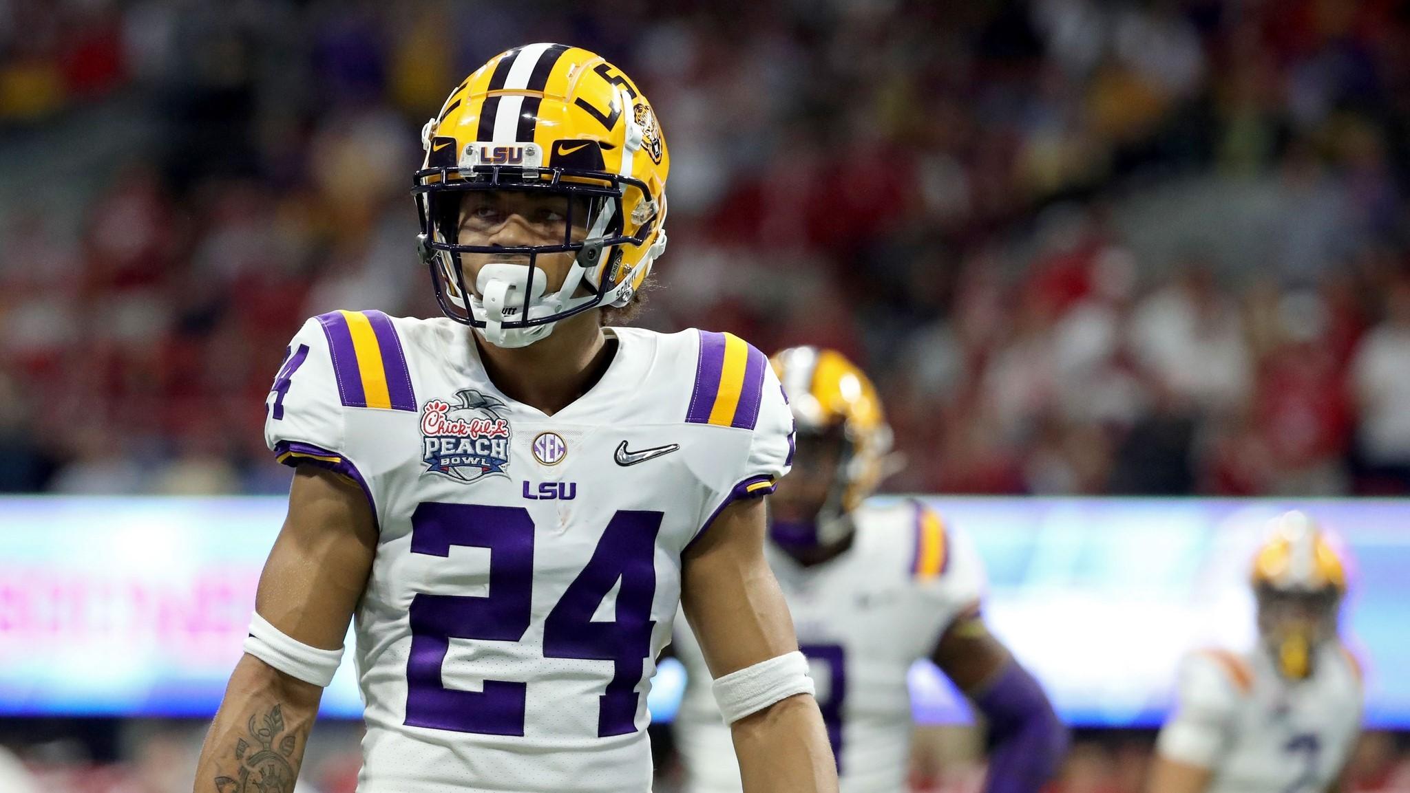 Dec 28, 2019; Atlanta, Georgia, USA; LSU Tigers defensive back Derek Stingley Jr. (24) during the second half of the 2019 Peach Bowl college football playoff semifinal game against the Oklahoma Sooners at Mercedes-Benz Stadium. / Jason Getz-USA TODAY Sports