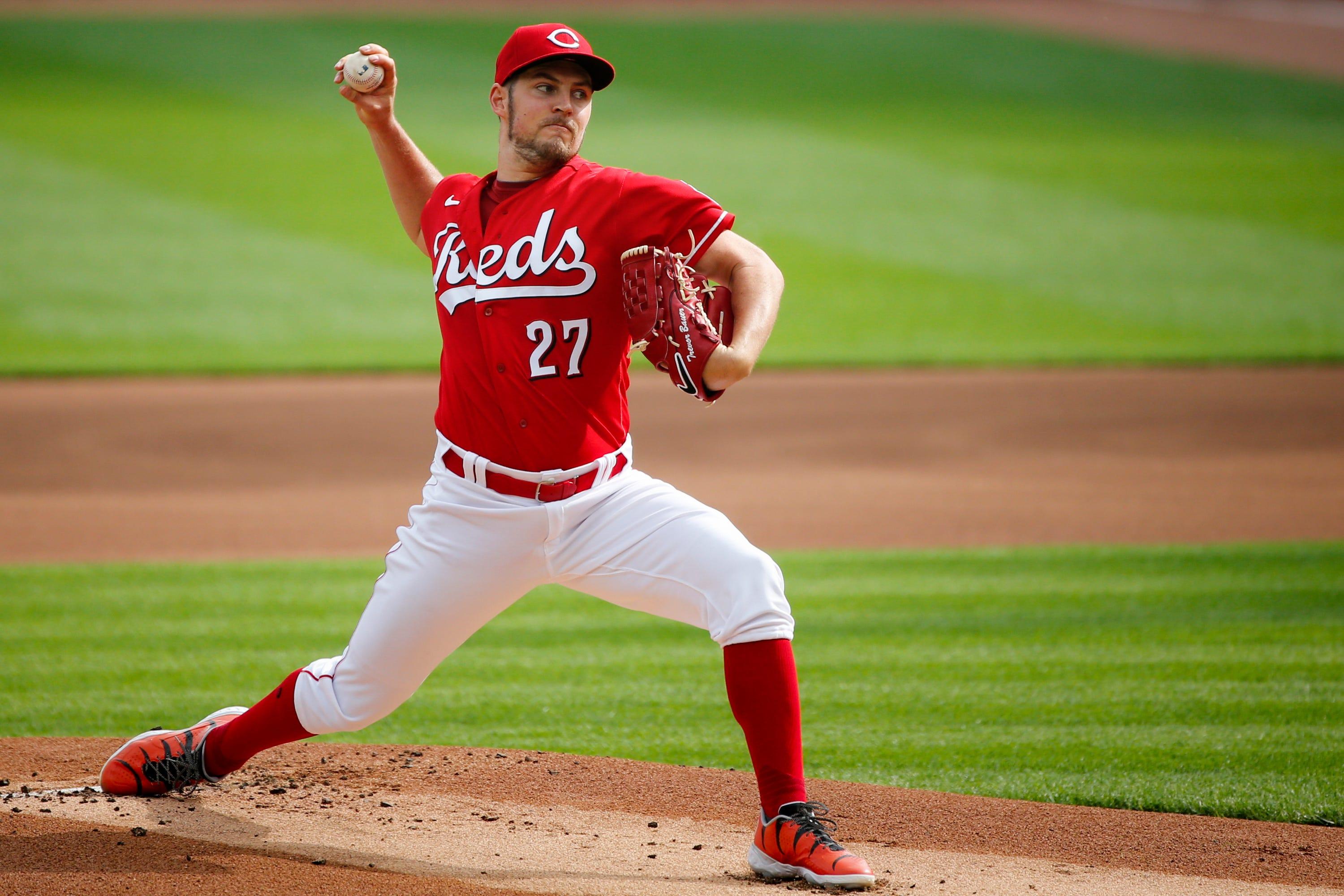 Cincinnati Reds starting pitcher Trevor Bauer (27) delivers the ball in the day baseball game against Pittsburgh Pirates on Monday, Sept. 14, 2020, at Great American Ball Park in Cincinnati. Reds won 3-1. / Meg Vogel via Imagn Content Services, LLC