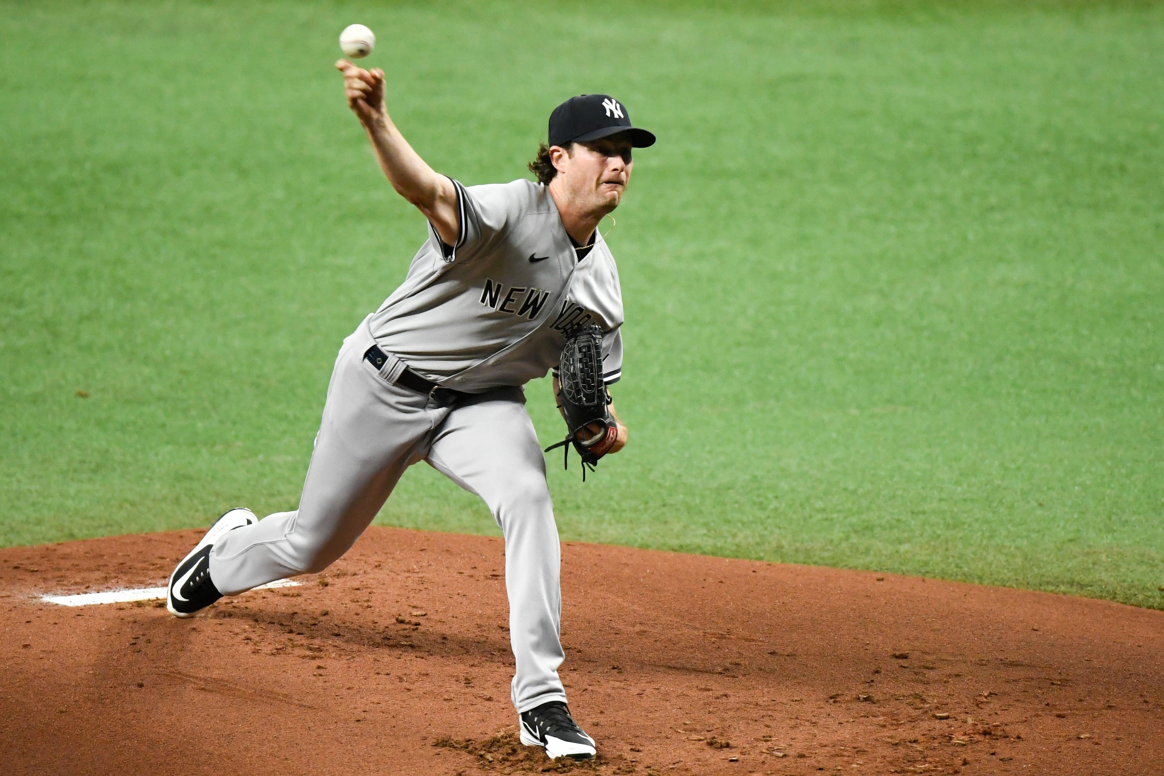 New York Yankees starting pitcher Gerrit Cole (45) throws a pitch during the first inning against the Tampa Bay Rays of the Tampa Bay Rays at Tropicana Field. / Douglas DeFelice-USA TODAY Sports