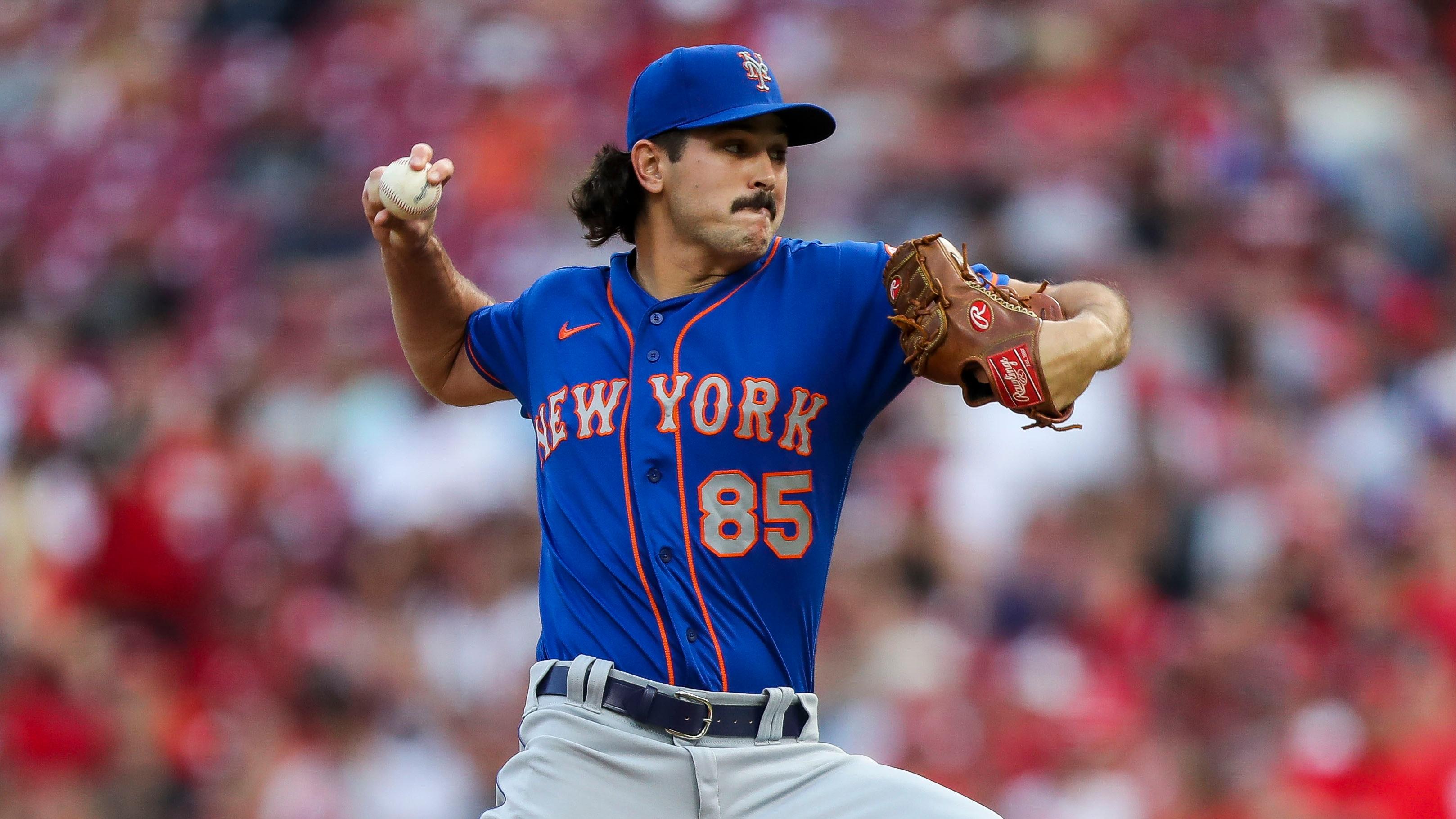 Jul 20, 2021; Cincinnati, Ohio, USA; New York Mets relief pitcher Stephen Nogosek (85) throws a pitch against the Cincinnati Reds in the second inning at Great American Ball Park. Mandatory Credit: Katie Stratman-USA TODAY Sports / Katie Stratman-USA TODAY Sports