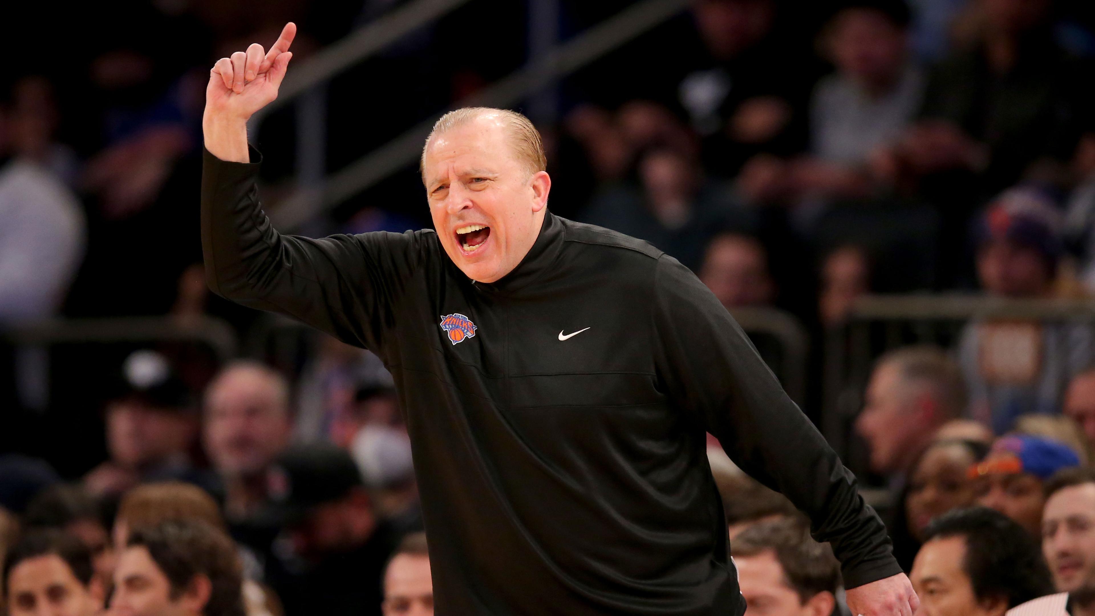 Feb 16, 2022; New York, New York, USA; New York Knicks head coach Tom Thibodeau coaches against the Brooklyn Nets during the first quarter at Madison Square Garden. / Brad Penner-USA TODAY Sports