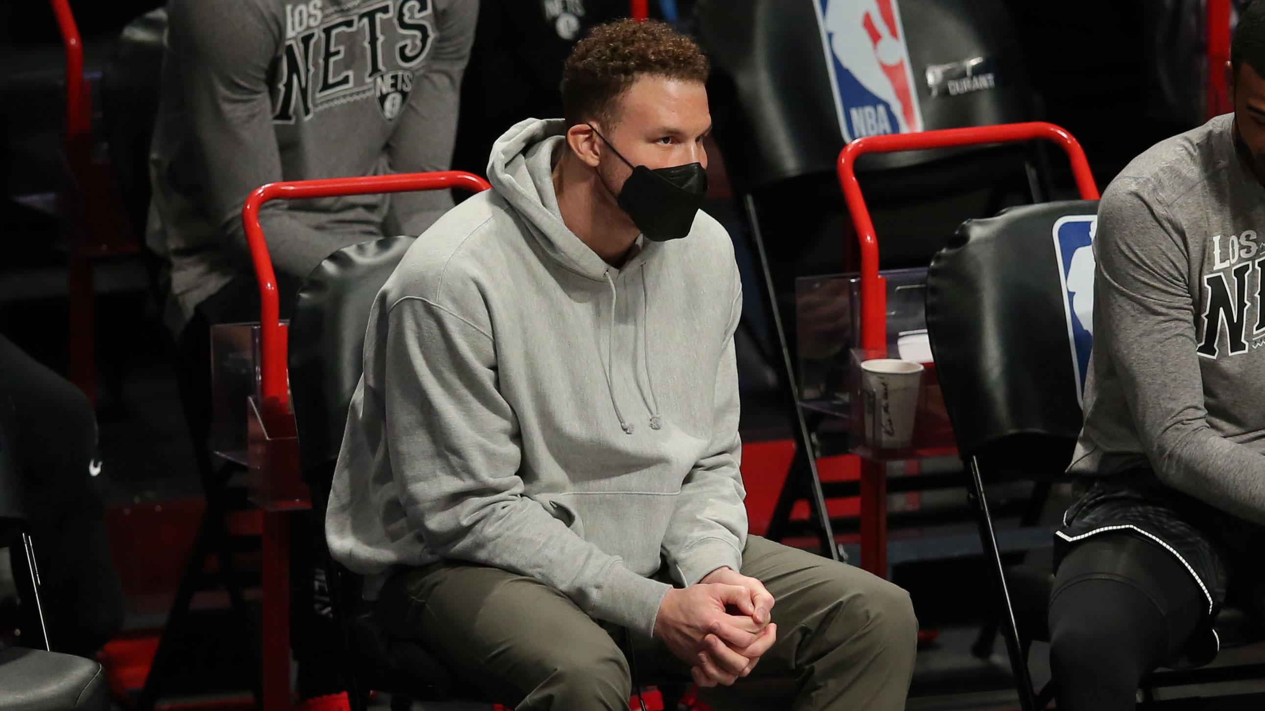 Mar 15, 2021; Brooklyn, New York, USA; Brooklyn Nets power forward Blake Griffin (2) watches from the bench during the first quarter against the New York Knicks at Barclays Center. / Brad Penner-USA TODAY Sports