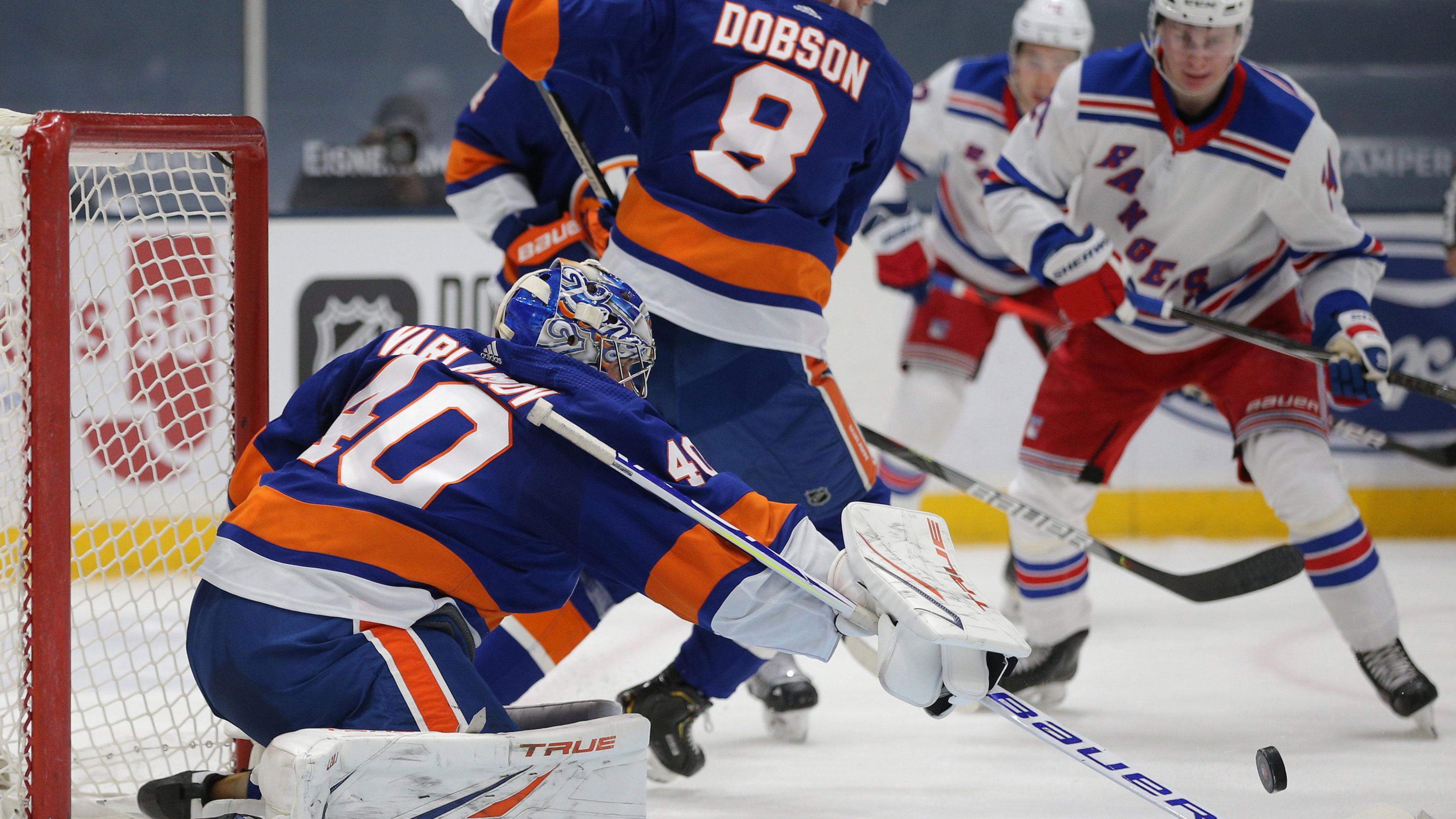 May 1, 2021; Uniondale, New York, USA; New York Islanders goalie Semyon Varlamov (40) plays the puck against the New York Rangers during the first period at Nassau Veterans Memorial Coliseum. / Brad Penner-USA TODAY Sports