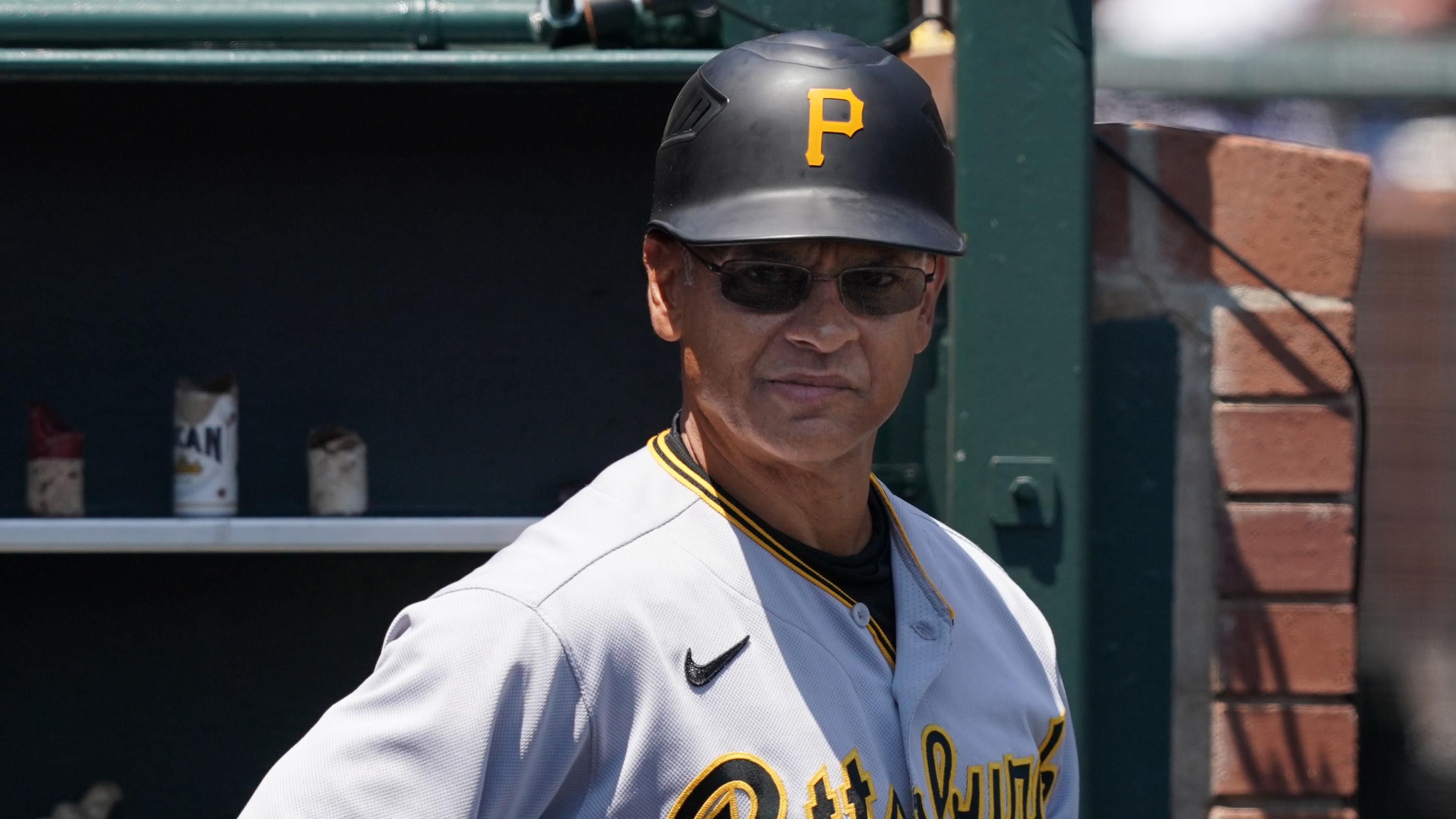 Jul 25, 2021; San Francisco, California, USA; Pittsburgh Pirates third base coach Joey Cora (28) stands in the dugout before the game against the San Francisco Giants at Oracle Park. / Darren Yamashita-USA TODAY Sports