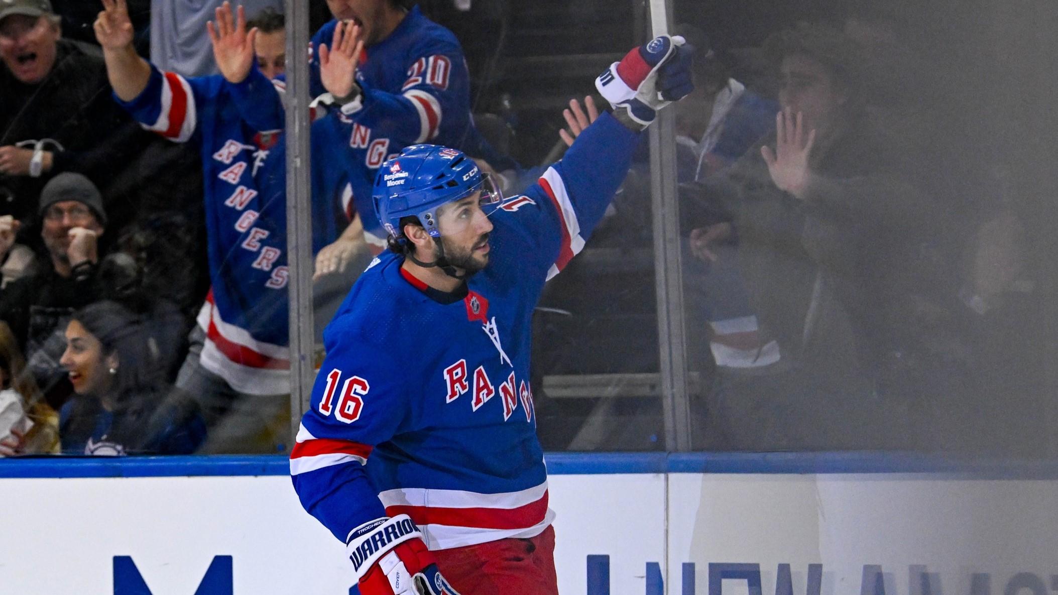 Apr 23, 2024; New York, New York, USA; New York Rangers center Vincent Trocheck (16) celebrates his goal against the Washington Capitals during the first period in game two of the first round of the 2024 Stanley Cup Playoffs at Madison Square Garden. / Dennis Schneidler-USA TODAY Sports
