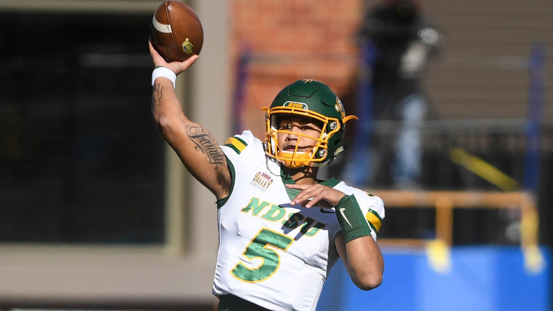NDSU quarterback Trey Lance (5) prepares to make a pass in the Dakota Marker game against the Jacks on Saturday, Oct. 26, 2019 at Dana J. Dykhouse Stadium in Brookings, S.D. / © Abigail Dollins / Argus Leader, Sioux Falls Argus Leader via Imagn Content Services, LLC