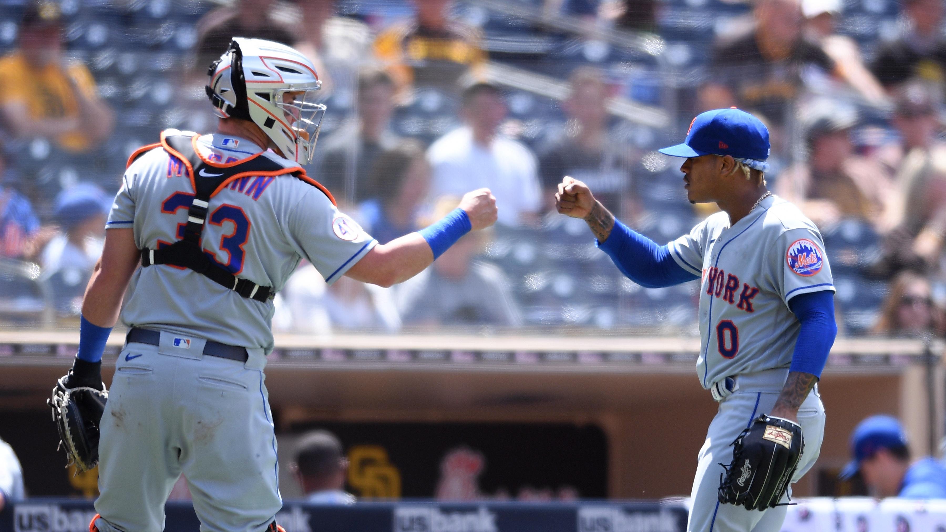 Jun 6, 2021; San Diego, California, USA; New York Mets starting pitcher Marcus Stroman (0) and catcher James McCann (33) celebrate after a double play to end the fourth inning at Petco Park. Mandatory Credit: Orlando Ramirez-USA TODAY Sports / © Orlando Ramirez-USA TODAY Sports