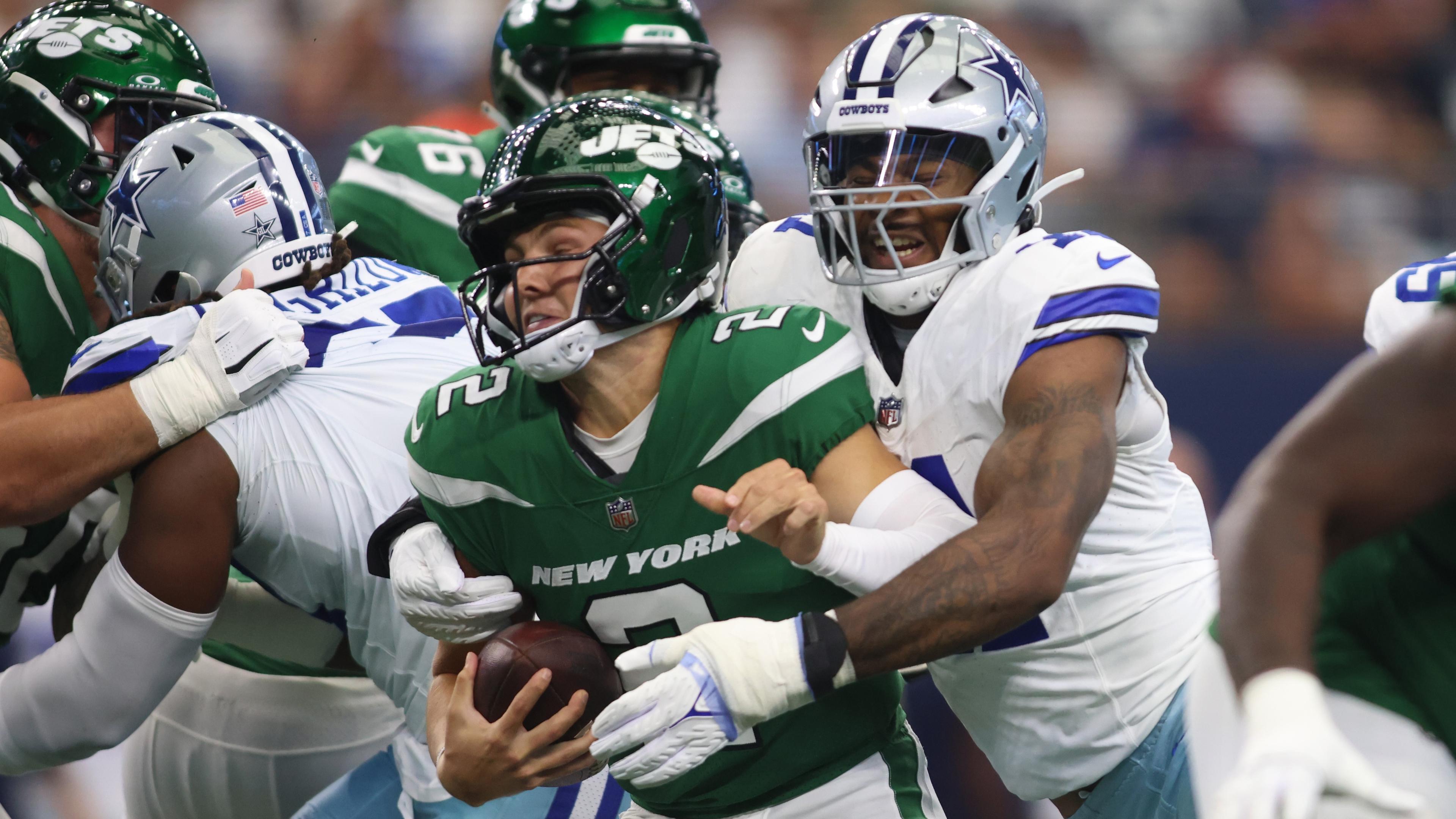 Sep 17, 2023; Arlington, Texas, USA; New York Jets quarterback Zach Wilson (2) is sacked by Dallas Cowboys linebacker Micah Parsons (11) in the first quarter at AT&T Stadium. Mandatory Credit: Tim Heitman-USA TODAY Sports / © Tim Heitman-USA TODAY Sports