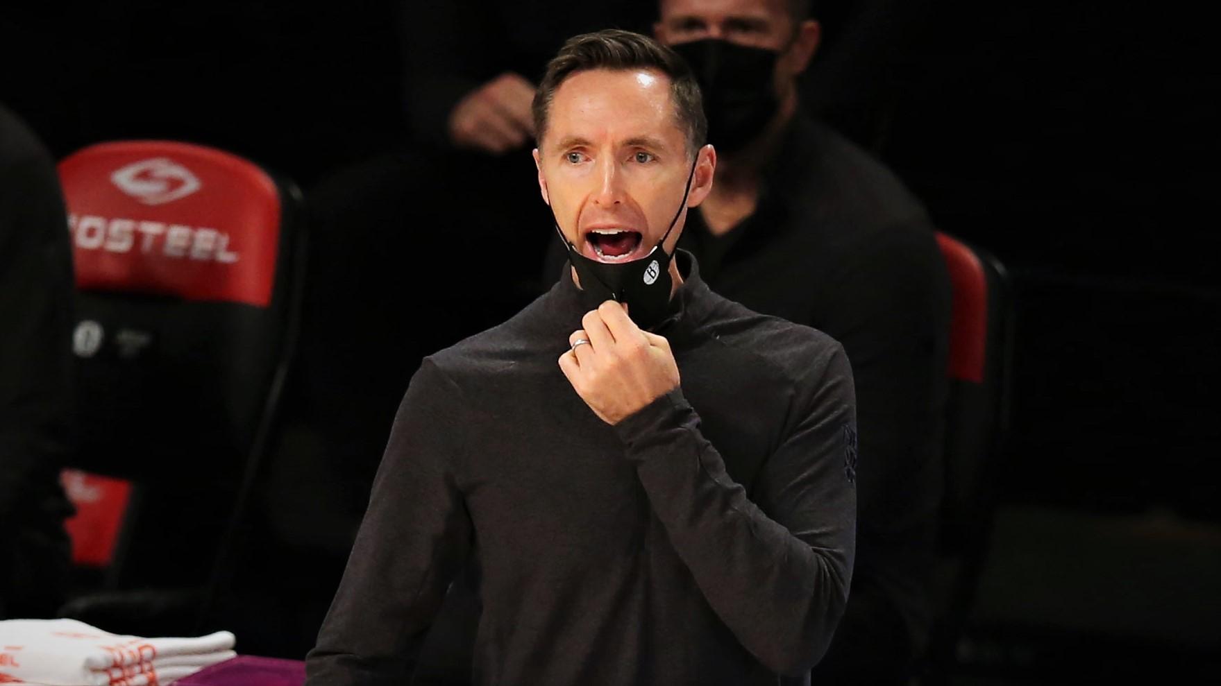 Jan 12, 2021; Brooklyn, New York, USA; Brooklyn Nets head coach Steve Nash reacts during the fourth quarter against the Denver Nuggets at Barclays Center. / Brad Penner-USA TODAY Sports