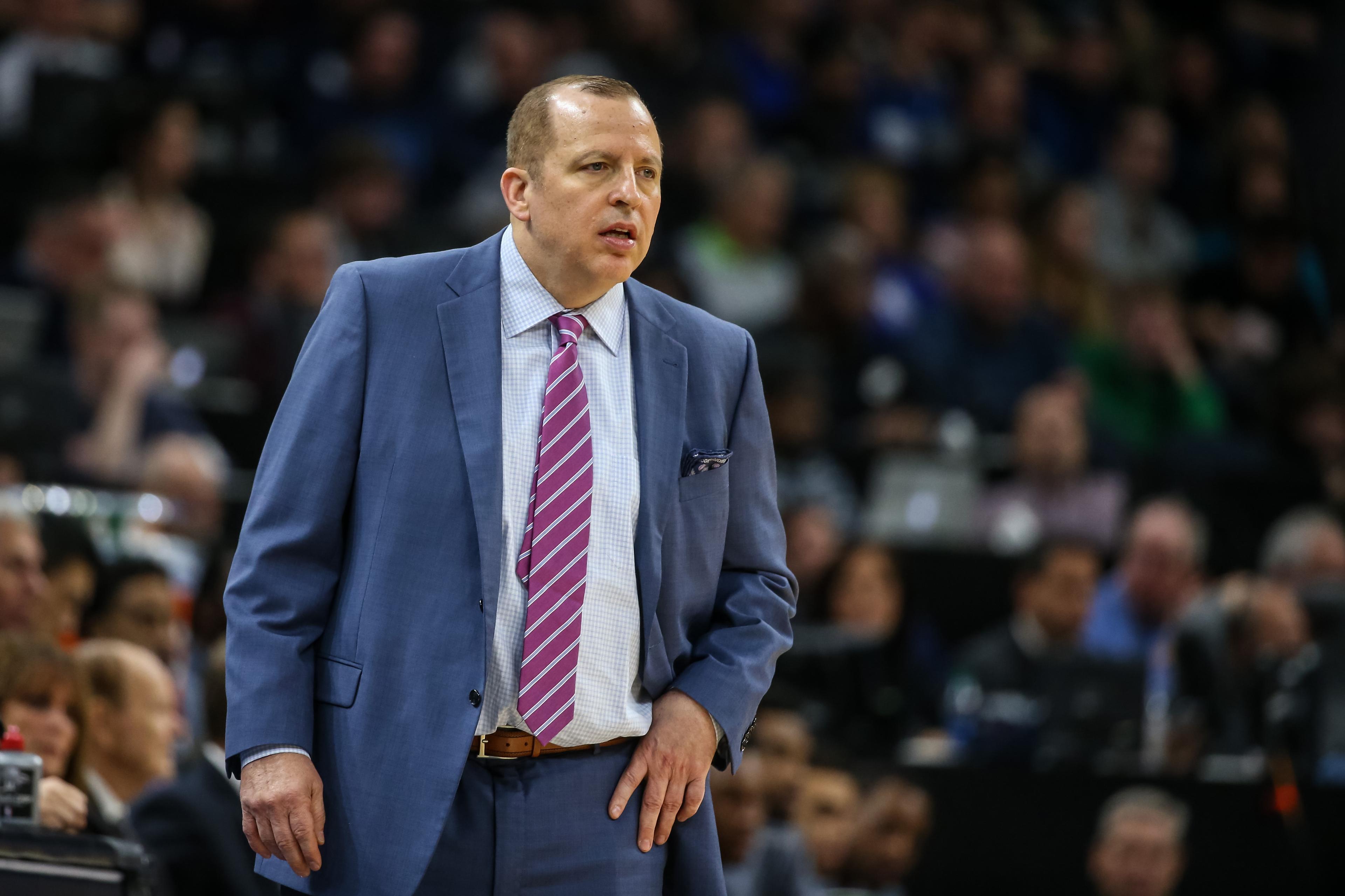 Minnesota Timberwolves head coach Tom Thibodeau looks on during the first quarter against the New Orleans Pelicans at Target Center. / Brace Hemmelgarn-USA TODAY Sports