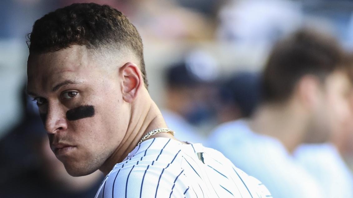 Oct 2, 2021; Bronx, New York, USA; New York Yankees right fielder Aaron Judge (99) in the dugout in the eighth inning against the Tampa Bay Rays at Yankee Stadium. / Wendell Cruz-USA TODAY Sports