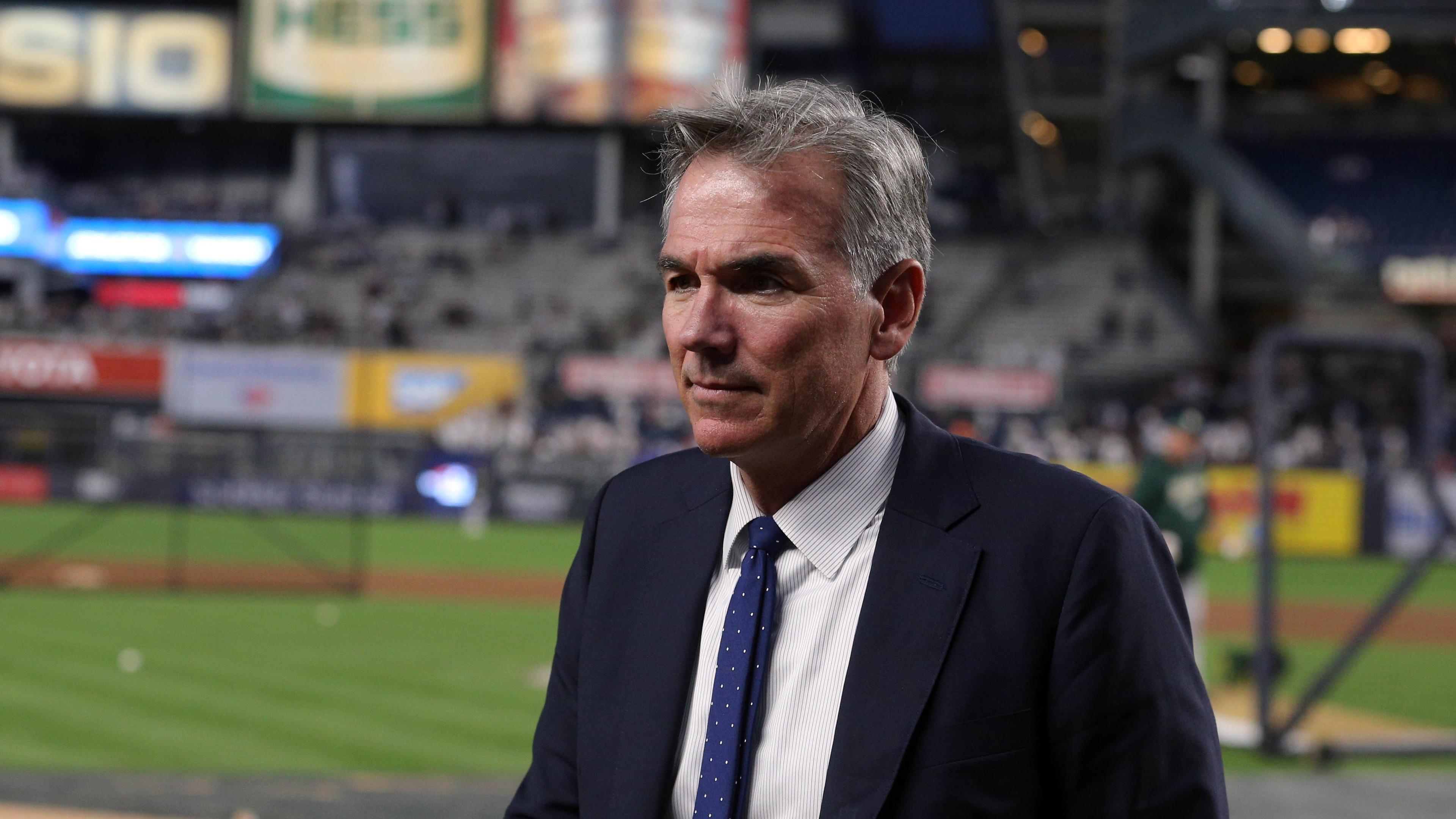 Oct 3, 2018; Bronx, NY, USA; Oakland Athletics vice president of baseball operations Billy Beane walks onto the field before the game against the New York Yankees in the 2018 American League wild card playoff baseball game at Yankee Stadium. Mandatory Credit: Brad Penner-USA TODAY Sports / Brad Penner-USA TODAY Sports
