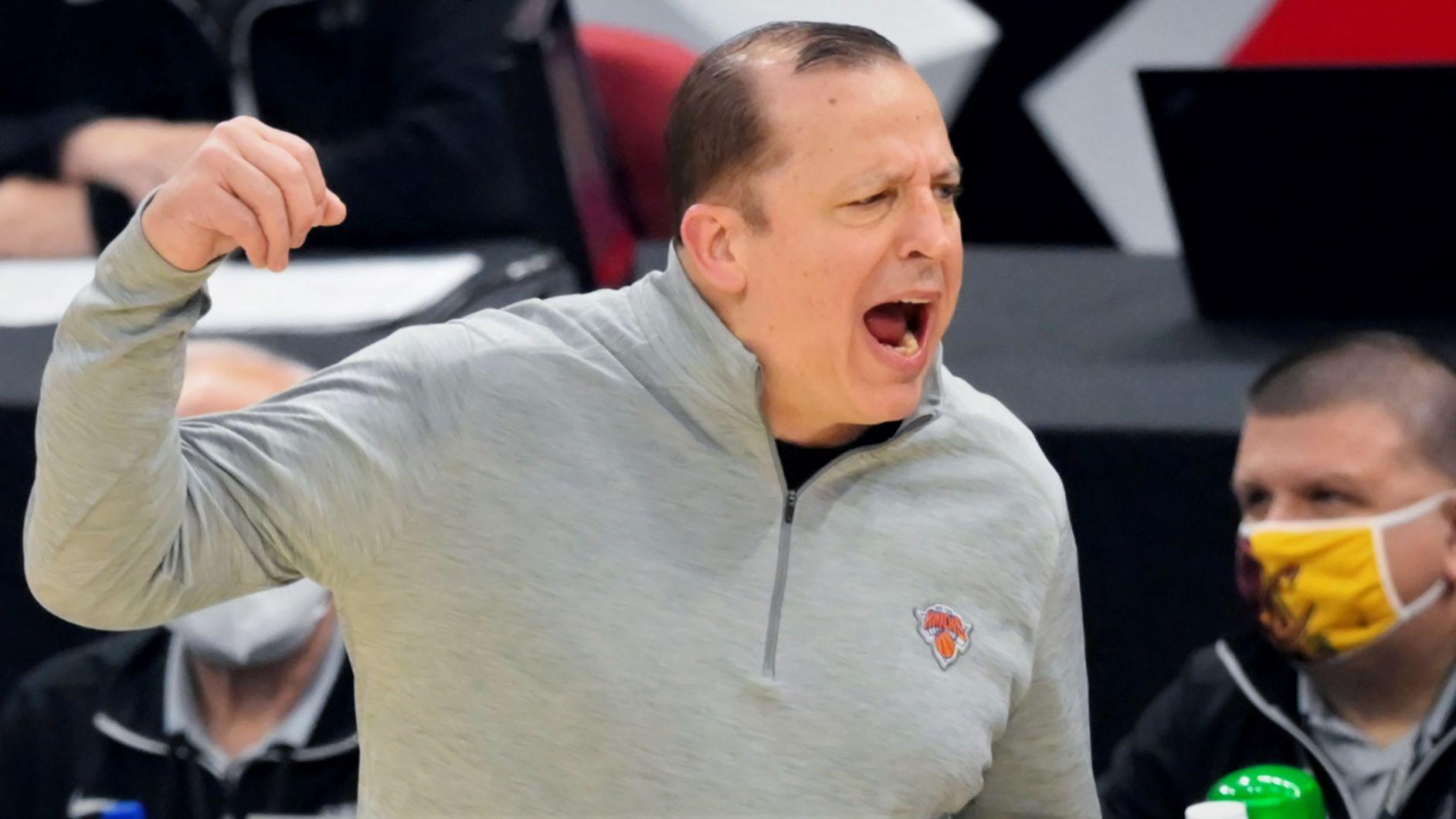 Dec 29, 2020; Cleveland, Ohio, USA; New York Knicks head coach Tom Thibodeau reacts in the first quarter against the Cleveland Cavaliers at Rocket Mortgage FieldHouse. Mandatory Credit: David Richard-USA TODAY Sports / © David Richard-USA TODAY Sports
