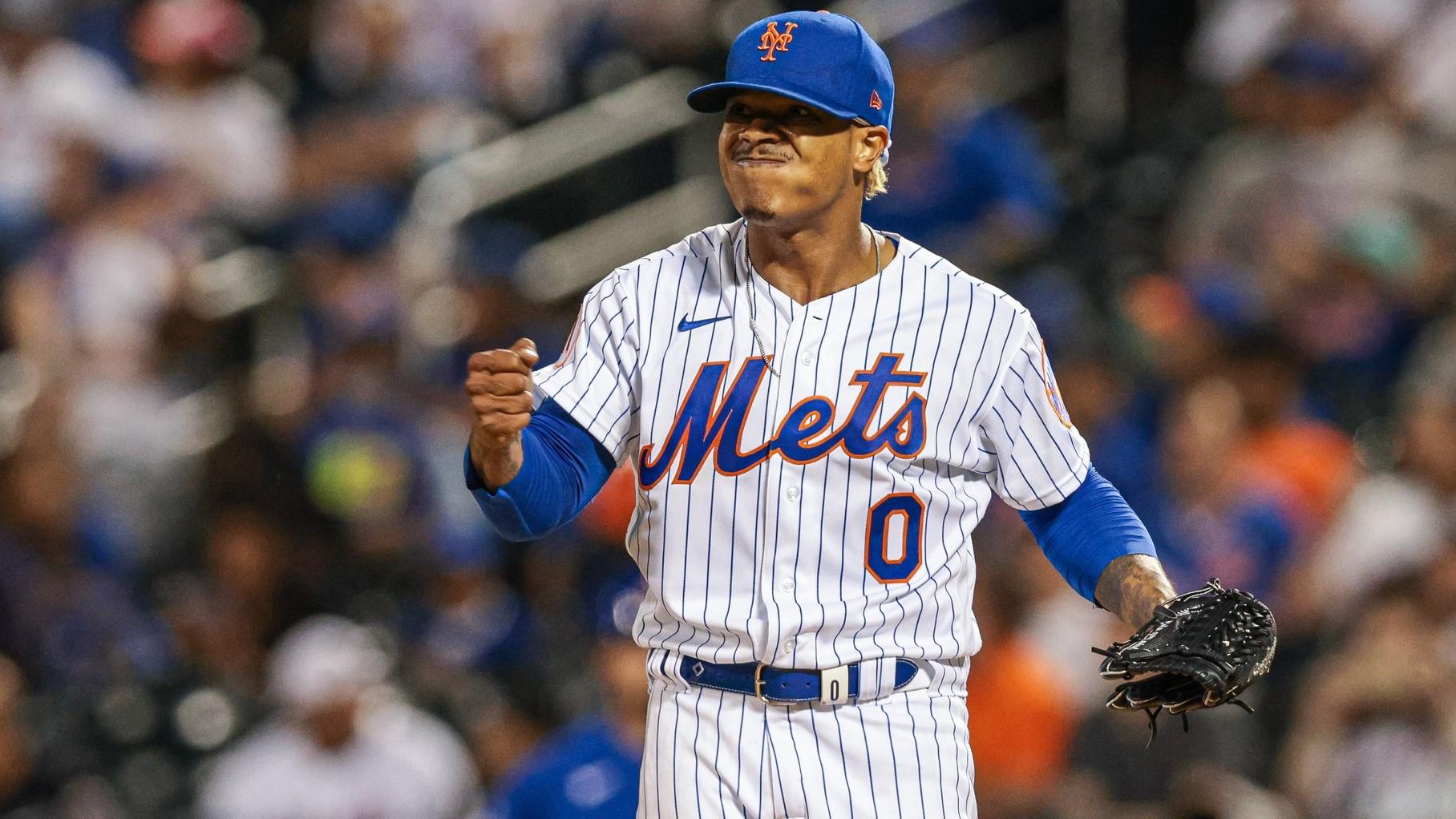 Jun 17, 2021; New York City, New York, USA; New York Mets starting pitcher Marcus Stroman (0) punches his chest during the seventh inning against the Chicago Cubs at Citi Field. / Vincent Carchietta-USA TODAY Sports