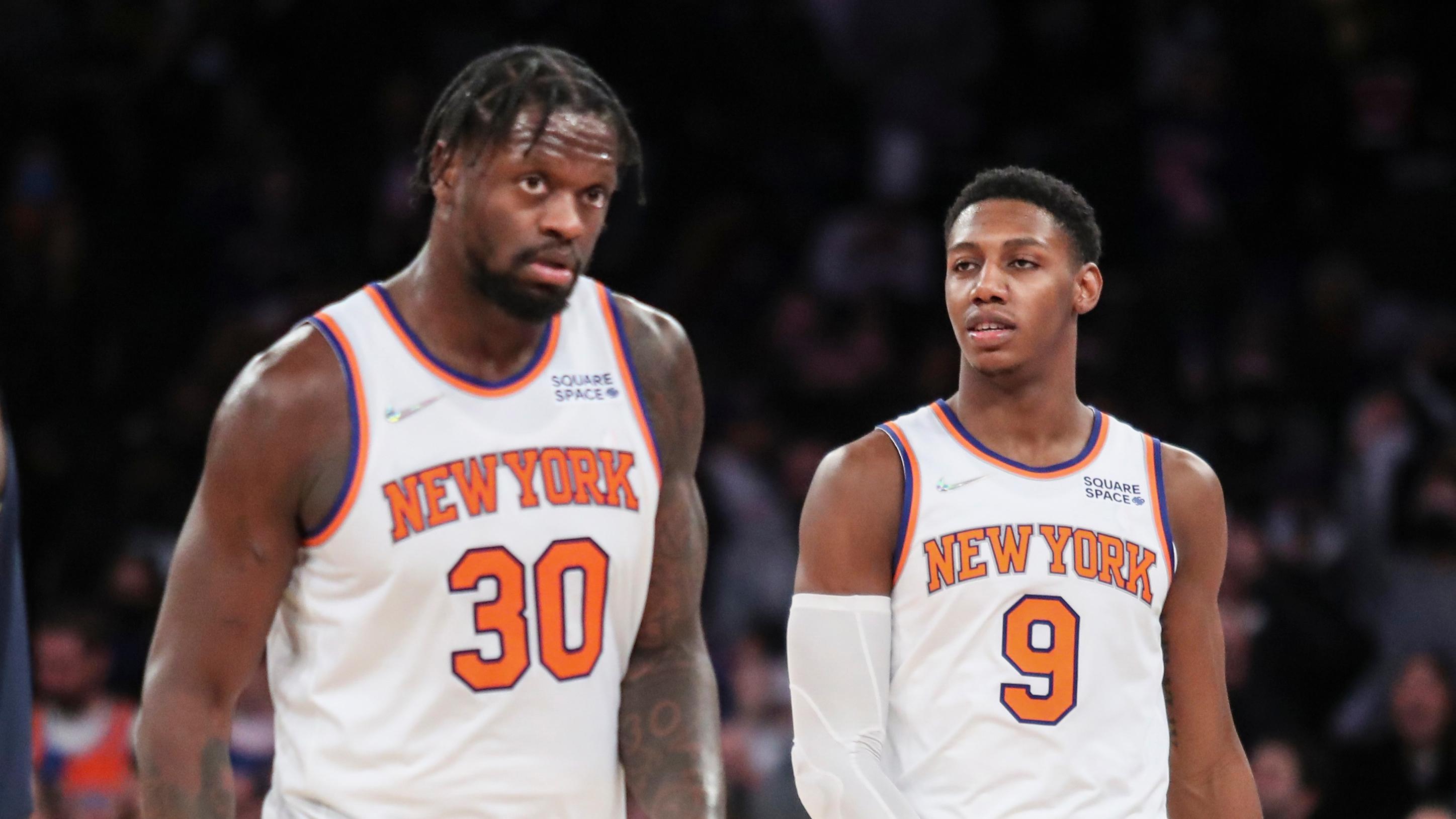 Jan 4, 2022; New York, New York, USA; New York Knicks forward Julius Randle (30) and guard RJ Barrett (9) walk off the court together after defeating the Indiana Pacers 104-94 at Madison Square Garden. / Wendell Cruz-USA TODAY Sports