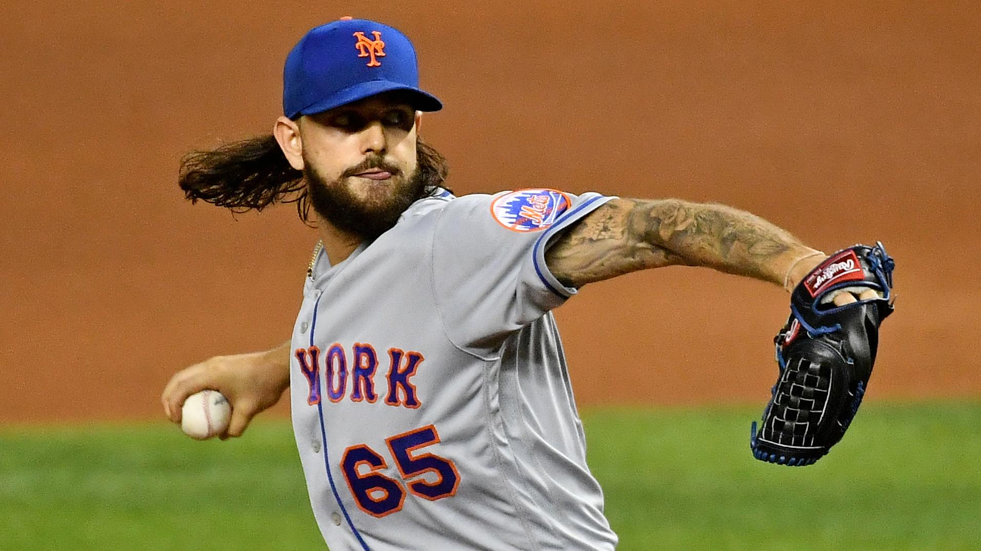 Aug 17, 2020; Miami, Florida, USA; New York Mets relief pitcher Robert Gsellman (65) delivers a pitch in the first inning against the Miami Marlins at Marlins Park. / Jasen Vinlove-USA TODAY Sports