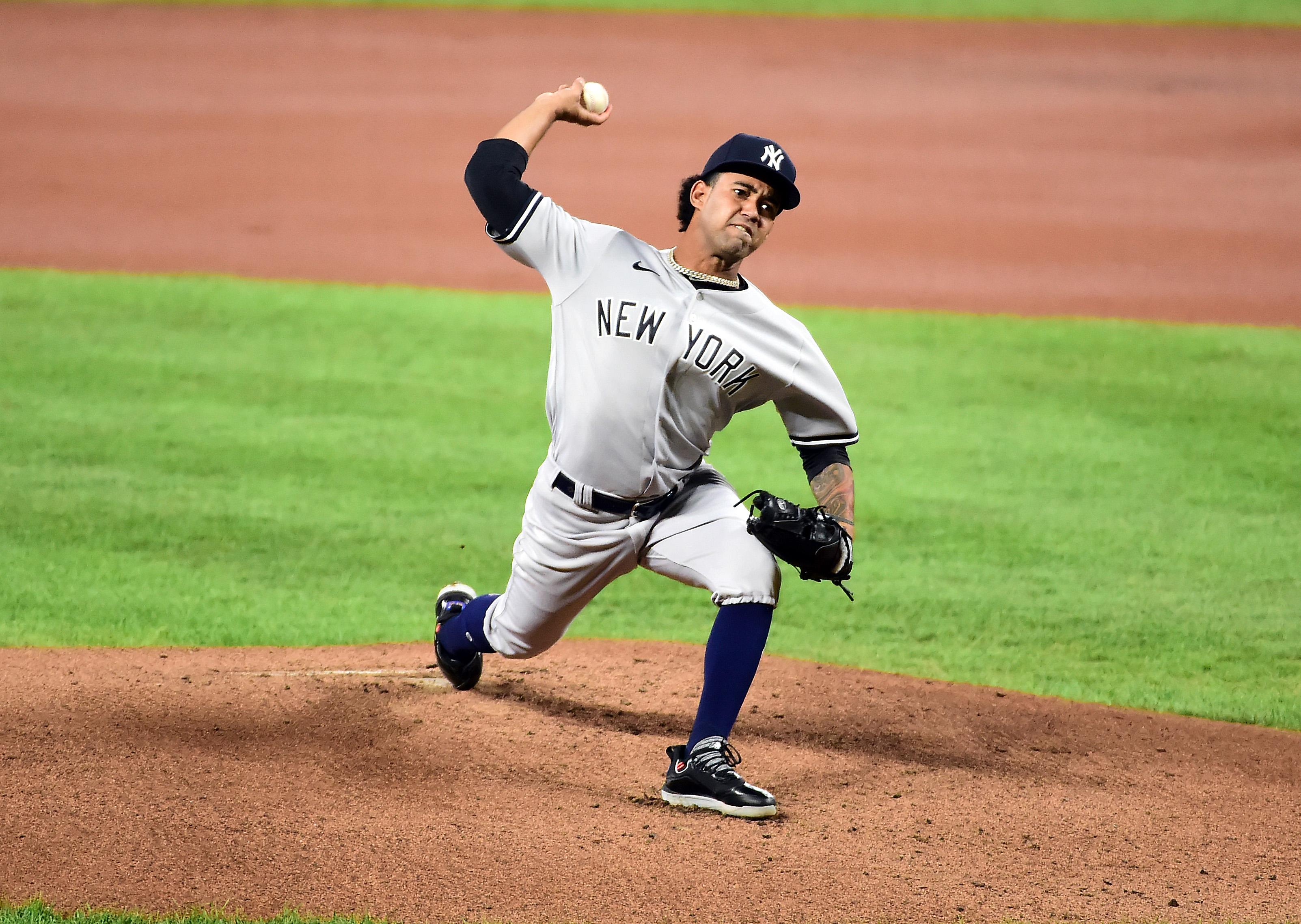 Sep 4, 2020; Baltimore, Maryland, USA; New York Yankees pitcher Deivi Garcia (83) throws a pitch in the first inning against the Baltimore Orioles at Oriole Park at Camden Yards. / Evan Habeeb-USA TODAY Sports