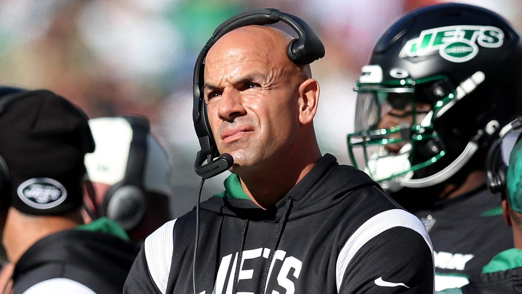 Oct 30, 2022; East Rutherford, New Jersey, USA; New York Jets head coach Robert Saleh reacts during the second quarter against the New England Patriots at MetLife Stadium. Mandatory Credit: Brad Penner-USA TODAY Sports / © Brad Penner-USA TODAY Sports