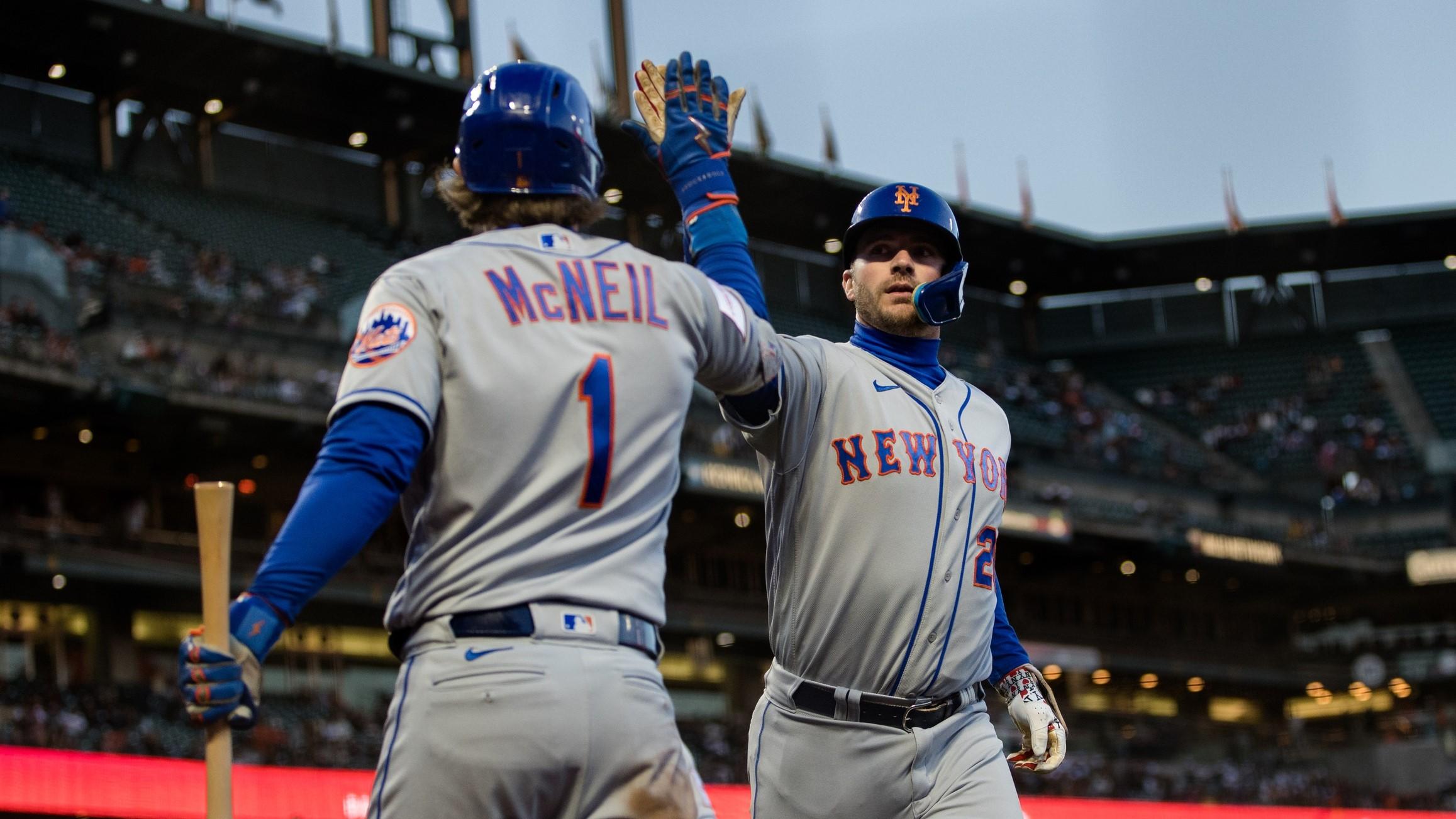 Apr 20, 2023; San Francisco, California, USA; New York Mets first baseman Pete Alonso (20) is congratulated by right fielder Jeff McNeil (1) after hitting a two-run home run against the San Francisco Giants during the fourth inning at Oracle Park. / John Hefti-USA TODAY Sports