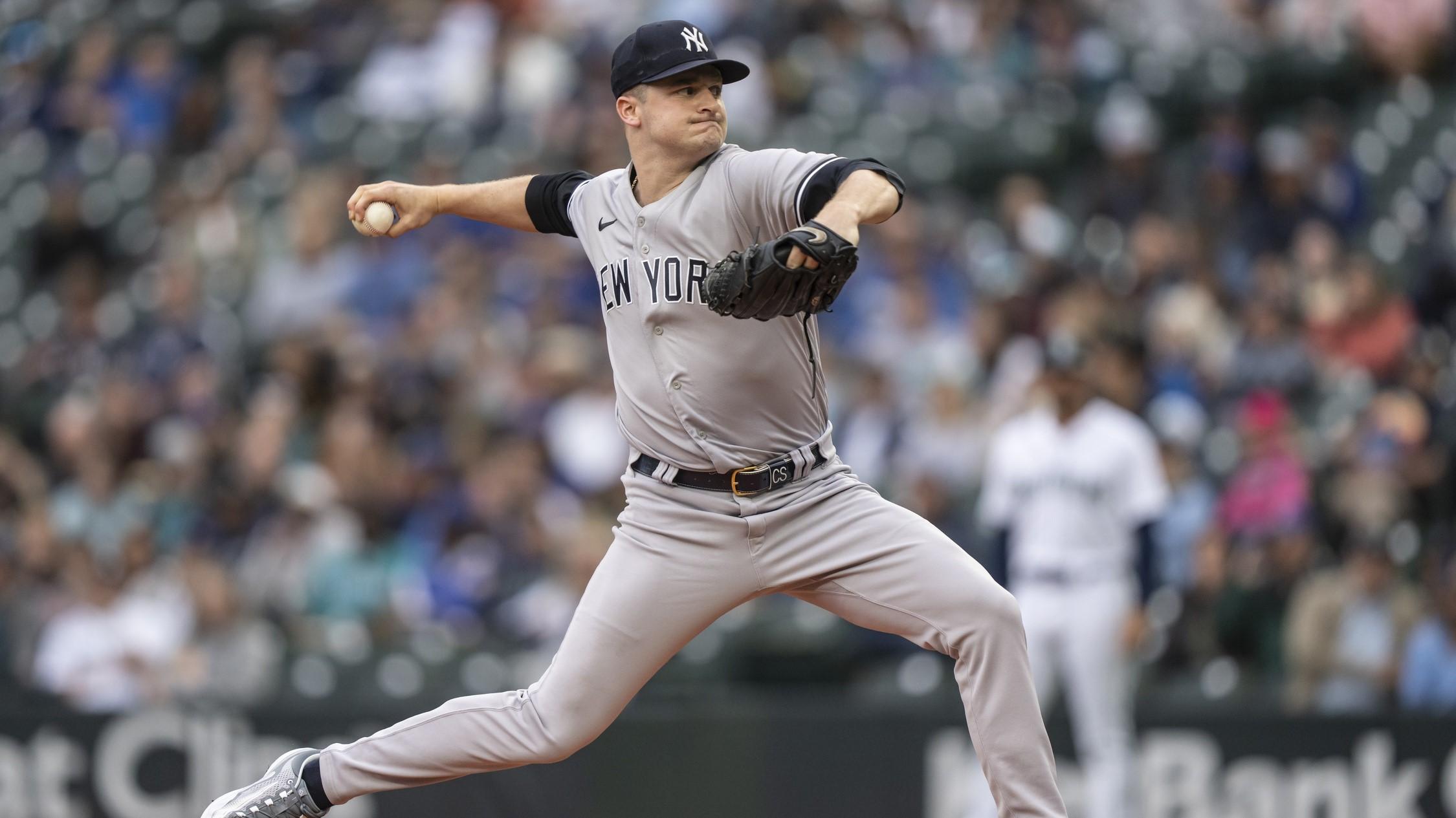 May 31, 2023; Seattle, Washington, USA; New York Yankees pitcher Clarke Schmidt (36) throws during the second inning against the Seattle Mariners at T-Mobile Park. / Stephen Brashear-USA TODAY Sports