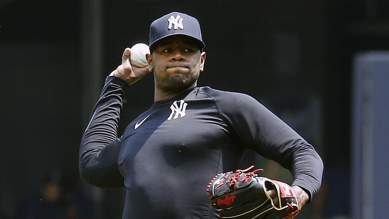 Jun 19, 2021; Bronx, New York, USA; New York Yankees pitcher Luis Severino works out prior to the game against the Oakland Athletics at Yankee Stadium. Mandatory Credit: Andy Marlin-USA TODAY Sports / © Andy Marlin-USA TODAY Sports