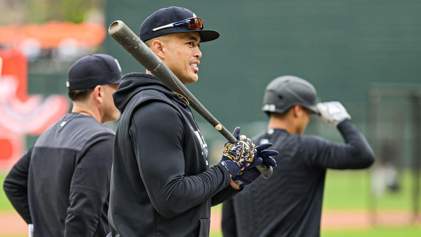Apr 7, 2023; Baltimore, Maryland, USA; New York Yankees designated hitter Giancarlo Stanton (27) stands on the field before the game against the Baltimore Orioles at Oriole Park at Camden Yards / Tommy Gilligan-USA TODAY Sports