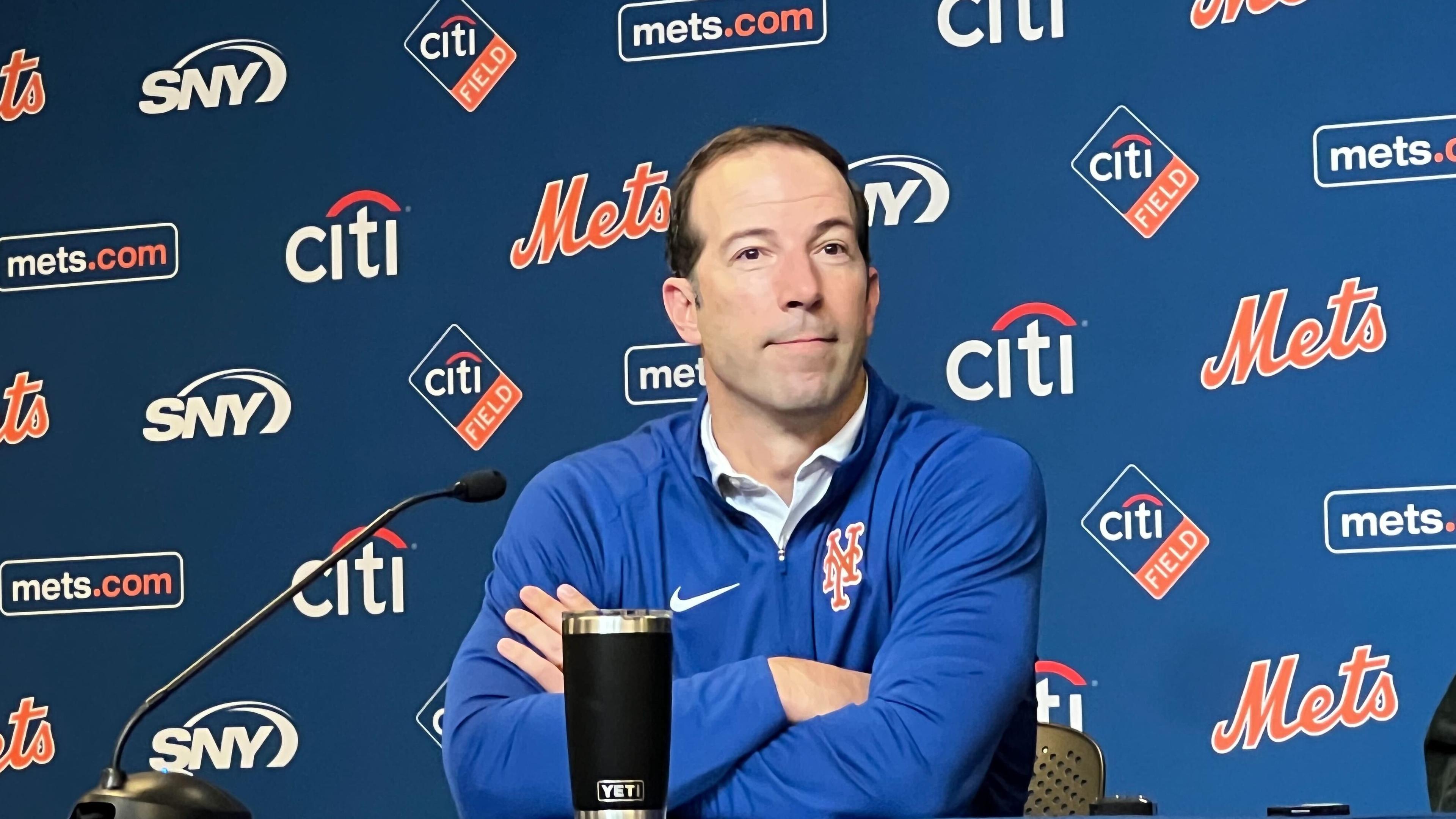 Billy Eppler speaking to the media during Mets end of season news conference on Oct. 14, 2022. / SNY