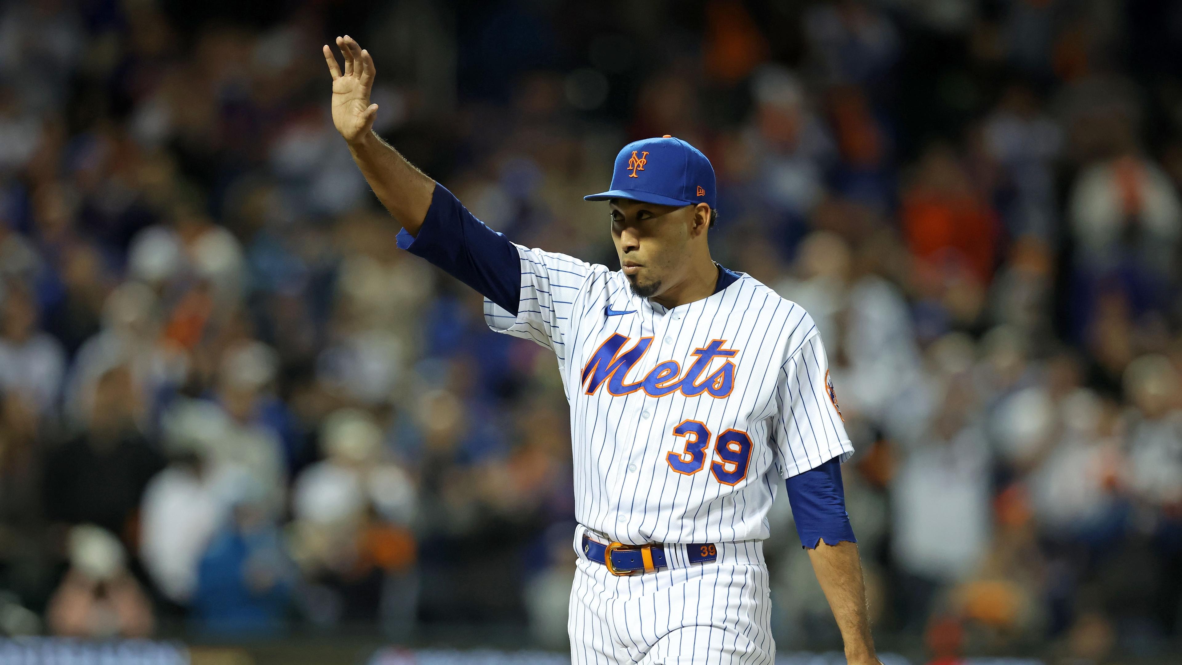 Oct 8, 2022; New York City, New York, USA; New York Mets relief pitcher Edwin Diaz (39) reacts in the eighth inning during game two of the Wild Card series against the San Diego Padres for the 2022 MLB Playoffs at Citi Field. Mandatory Credit: Brad Penner-USA TODAY Sports / © Brad Penner-USA TODAY Sports