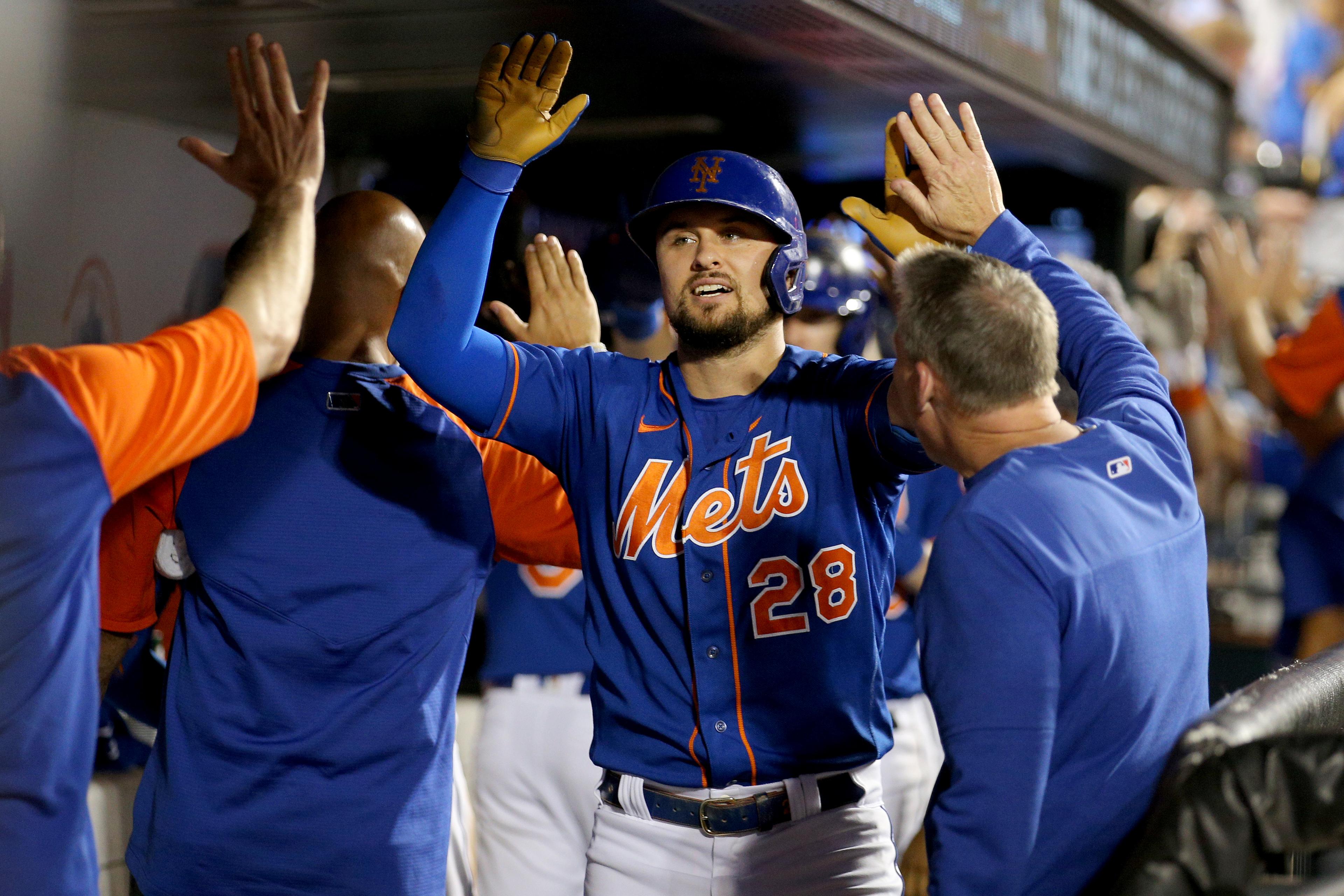 New York Mets designated hitter J.D. Davis (28) celebrates his grand slam against the Miami Marlins in the dugout with teammates during the fifth inning at Citi Field. / Brad Penner-USA TODAY Sports