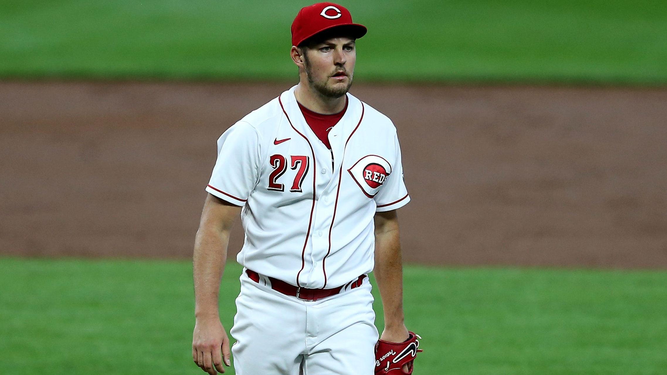 Cincinnati Reds starting pitcher Trevor Bauer (27) walks off the mound after recording the final out in the second inning of a baseball game against the Milwaukee Brewers, Wednesday, Sept. 23, 2020, at Great American Ball Park in Cincinnati. Milwaukee Brewers At Cincinnati Reds Sept 23 / Kareem Elgazzar via Imagn Content Services, LLC