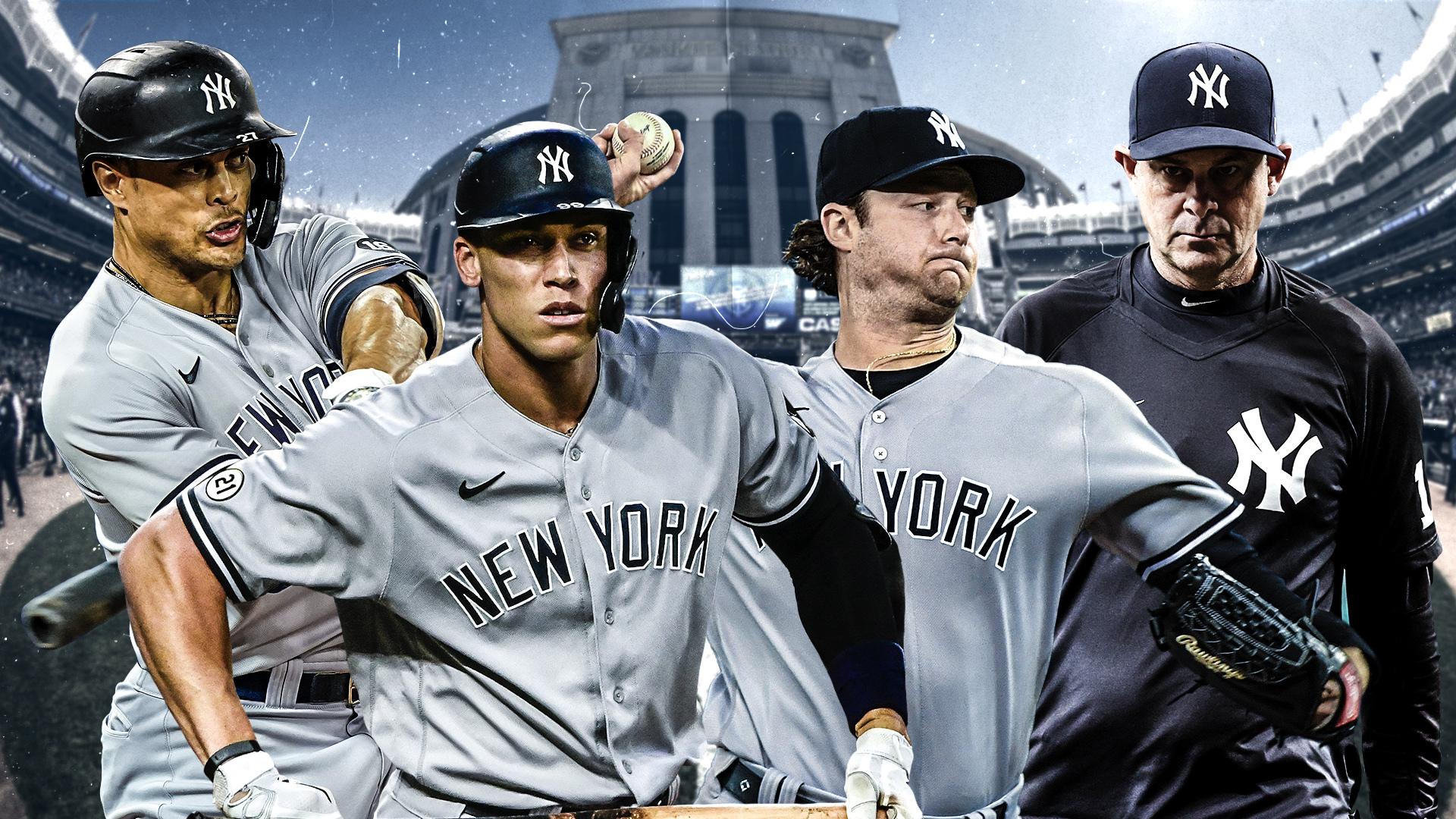 Giancarlo Stanton, Aaron Judge, Gerrit Cole, and Yankees manager Aaron Boone. / USA TODAY Sports/SNY Treated Image