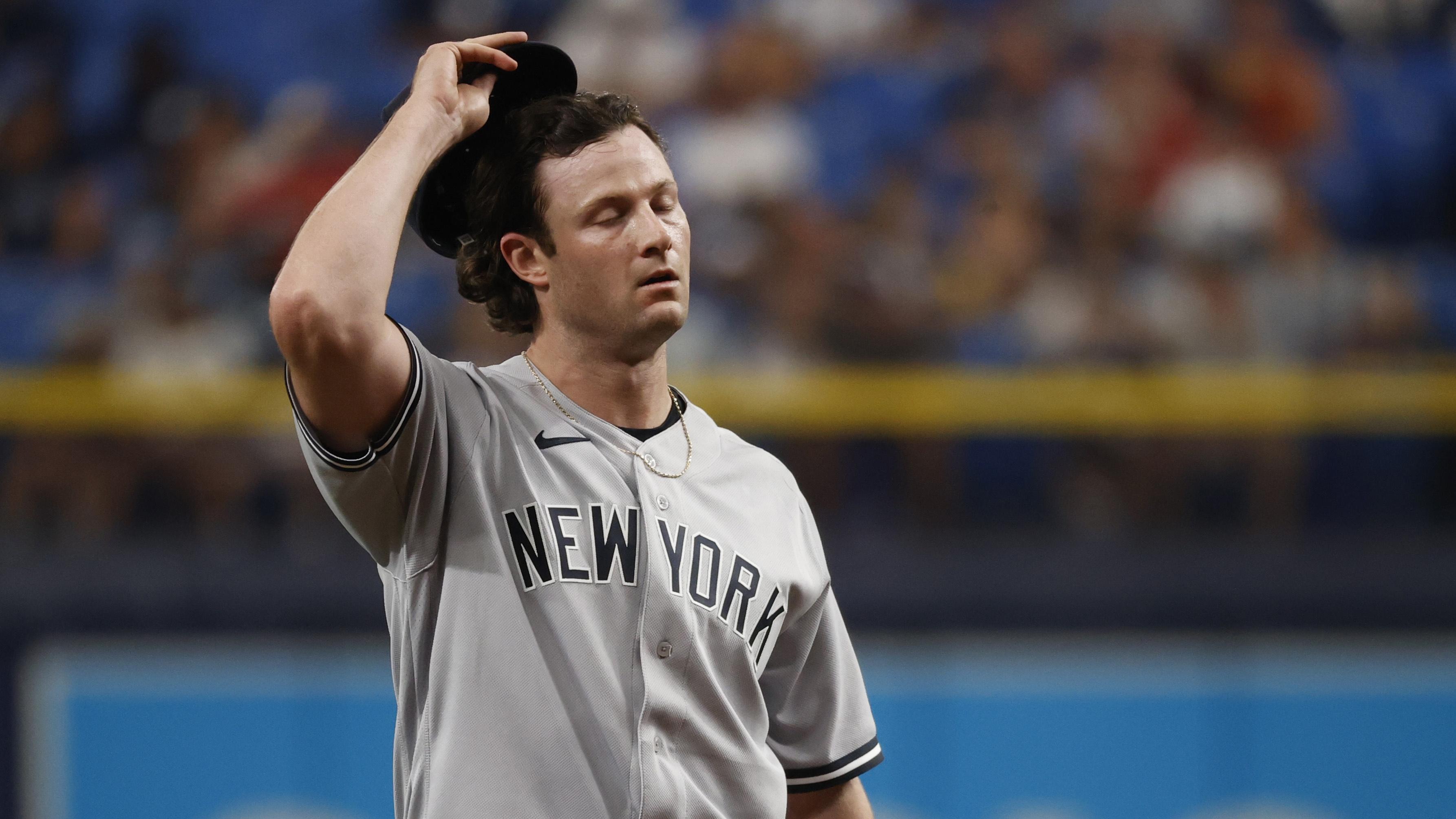 Jul 29, 2021; St. Petersburg, Florida, USA; New York Yankees starting pitcher Gerrit Cole (45) reacts on the mound during the first inning against the Tampa Bay Rays at Tropicana Field. / © Kim Klement-USA TODAY Sports