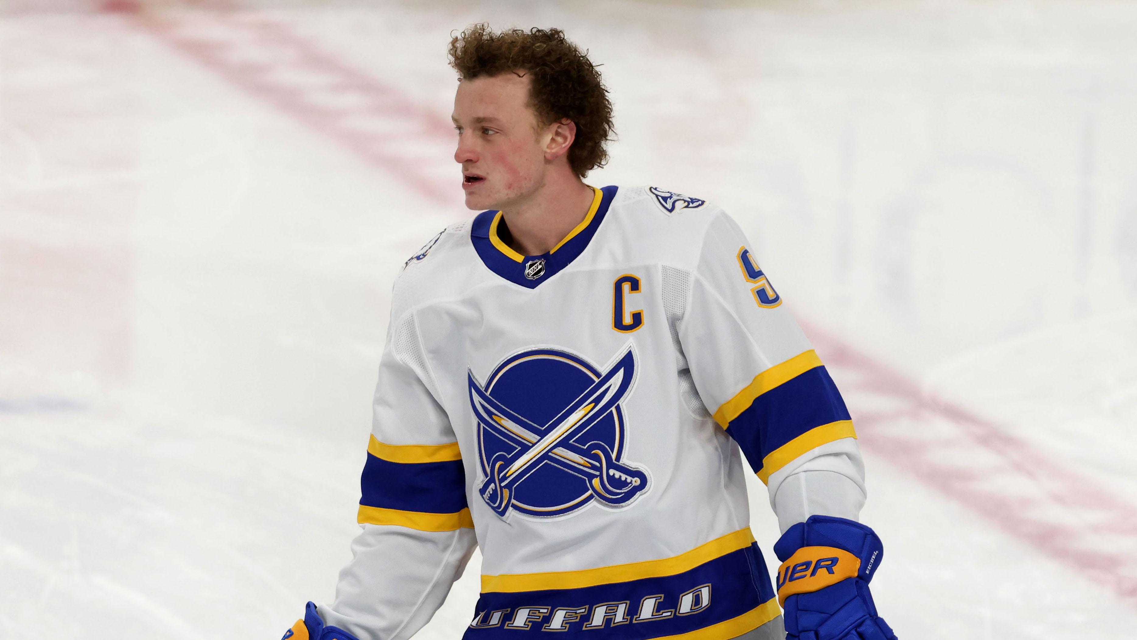 Feb 28, 2021; Buffalo, New York, USA; Buffalo Sabres center Jack Eichel (9) on the ice for warmups before a game against the Philadelphia Flyers at KeyBank Center. / Mandatory Credit: Timothy T. Ludwig-USA TODAY Sports
